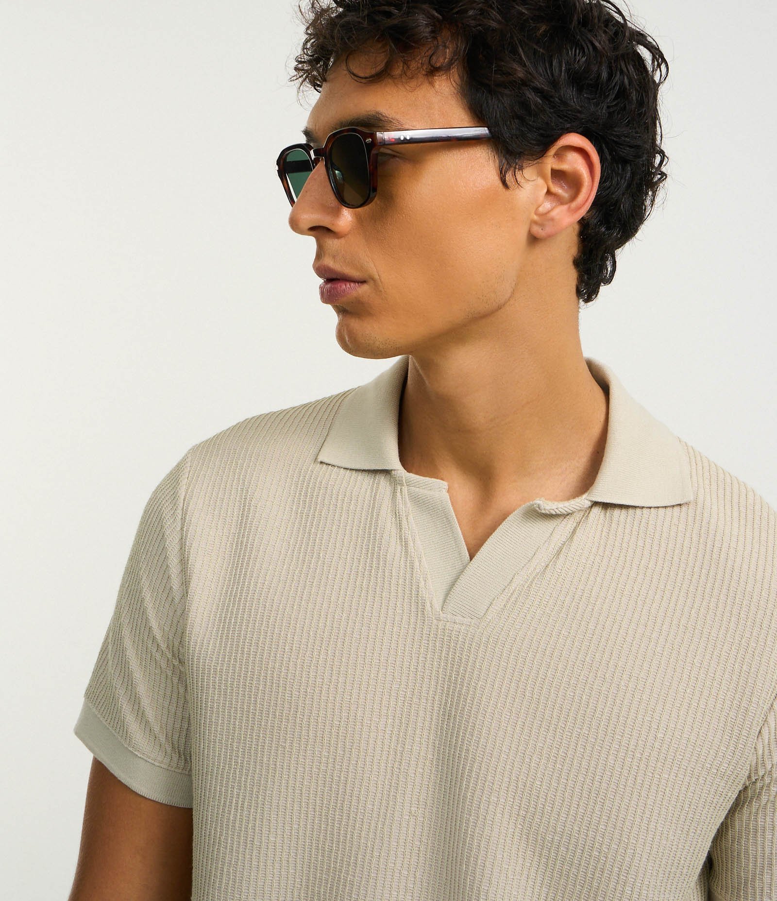 Camisa Polo Regular em Algodão com Textura Bege 3