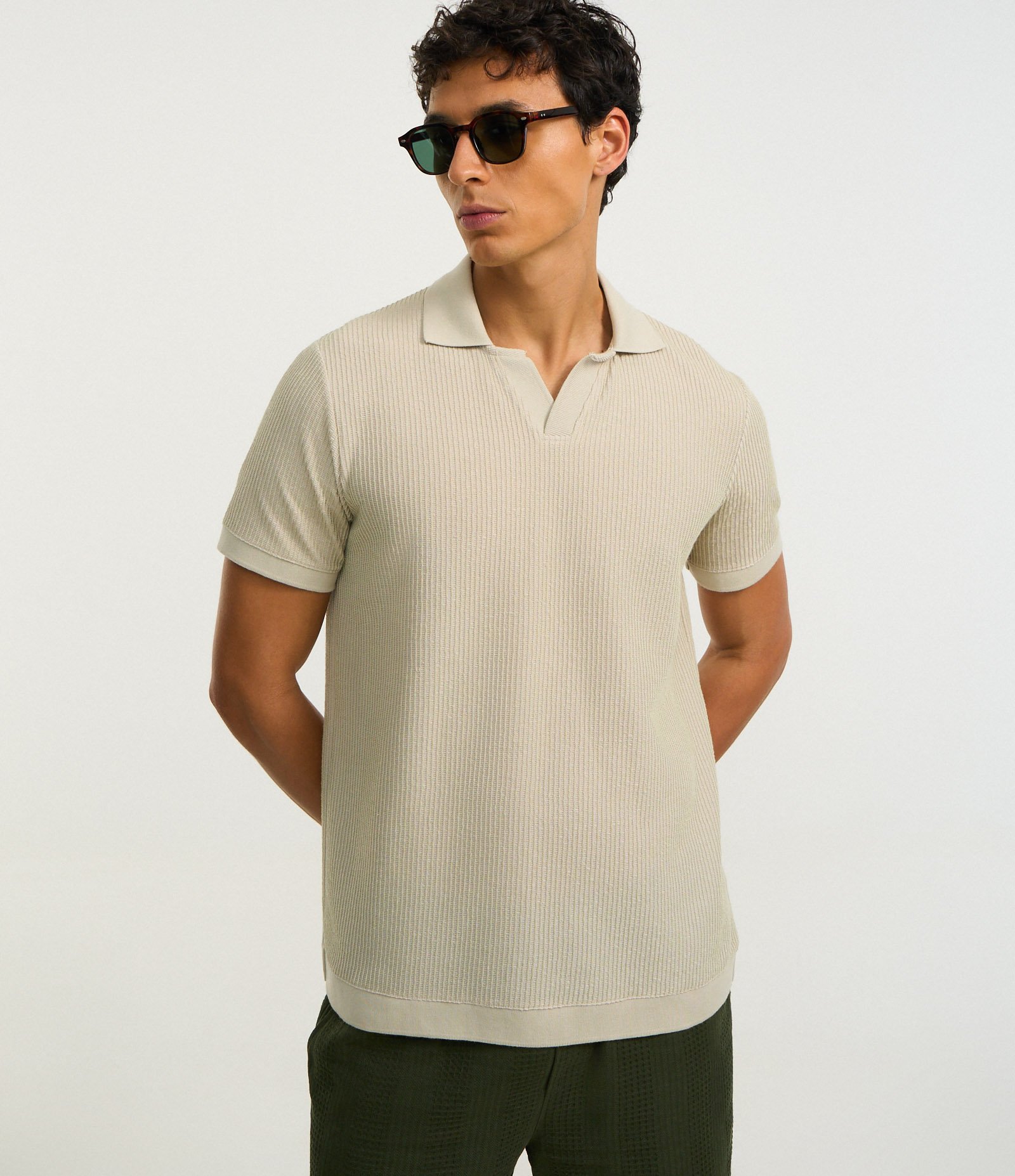 Camisa Polo Regular em Algodão com Textura Bege 4