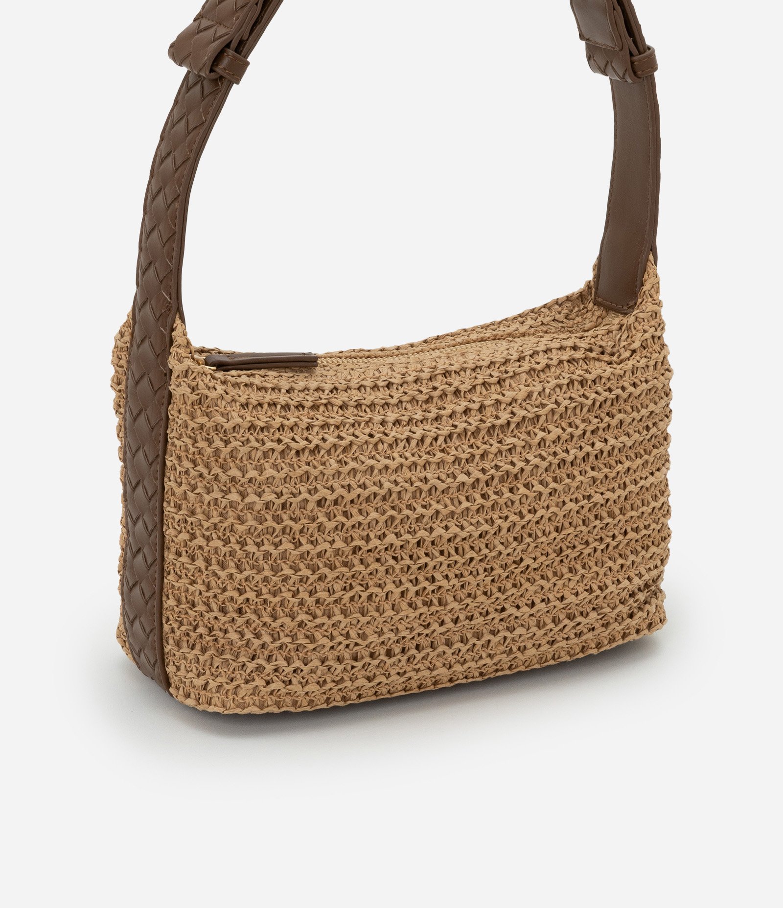 Bolsa Pequena com Efeito Ráfia Tressê e Alça Ajustável Boho Romântico Bege 2