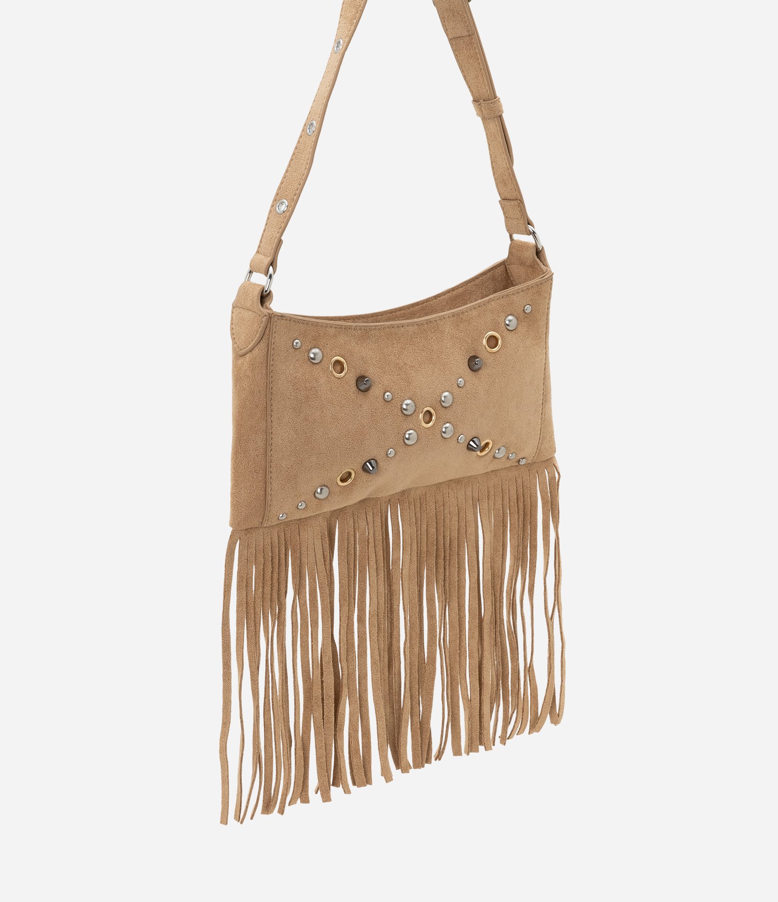 Bolsa Baguete Pequena em Suede com Spikes e Franjas Boho Romântica Bege 2