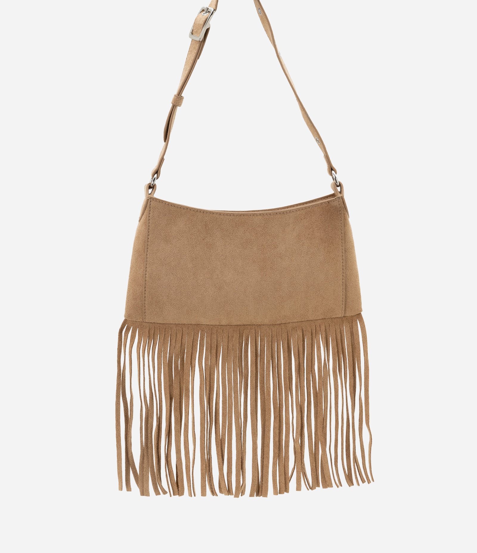 Bolsa Baguete Pequena em Suede com Spikes e Franjas Boho Romântica Bege 4