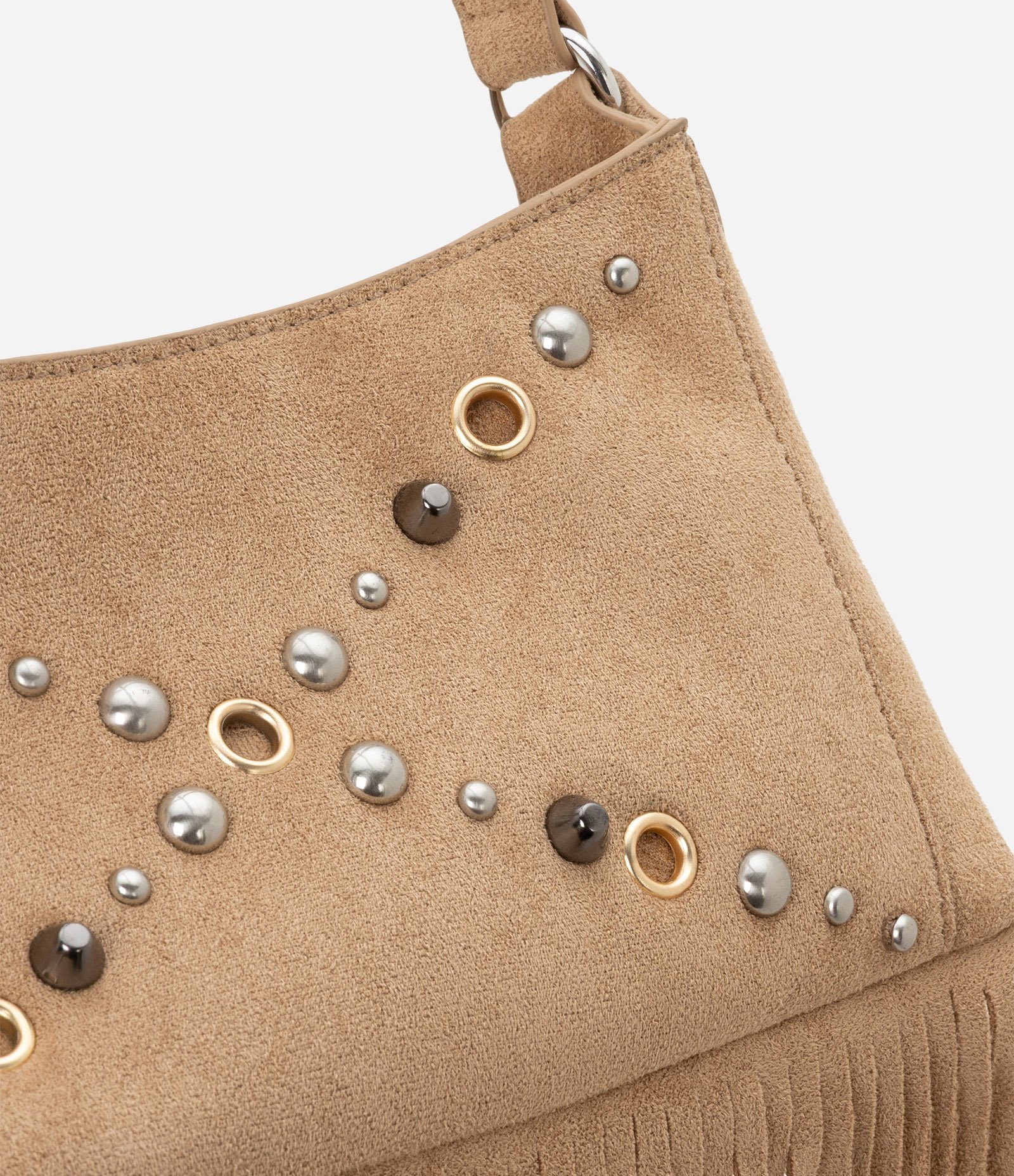 Bolsa Baguete Pequena em Suede com Spikes e Franjas Boho Romântica Bege 5