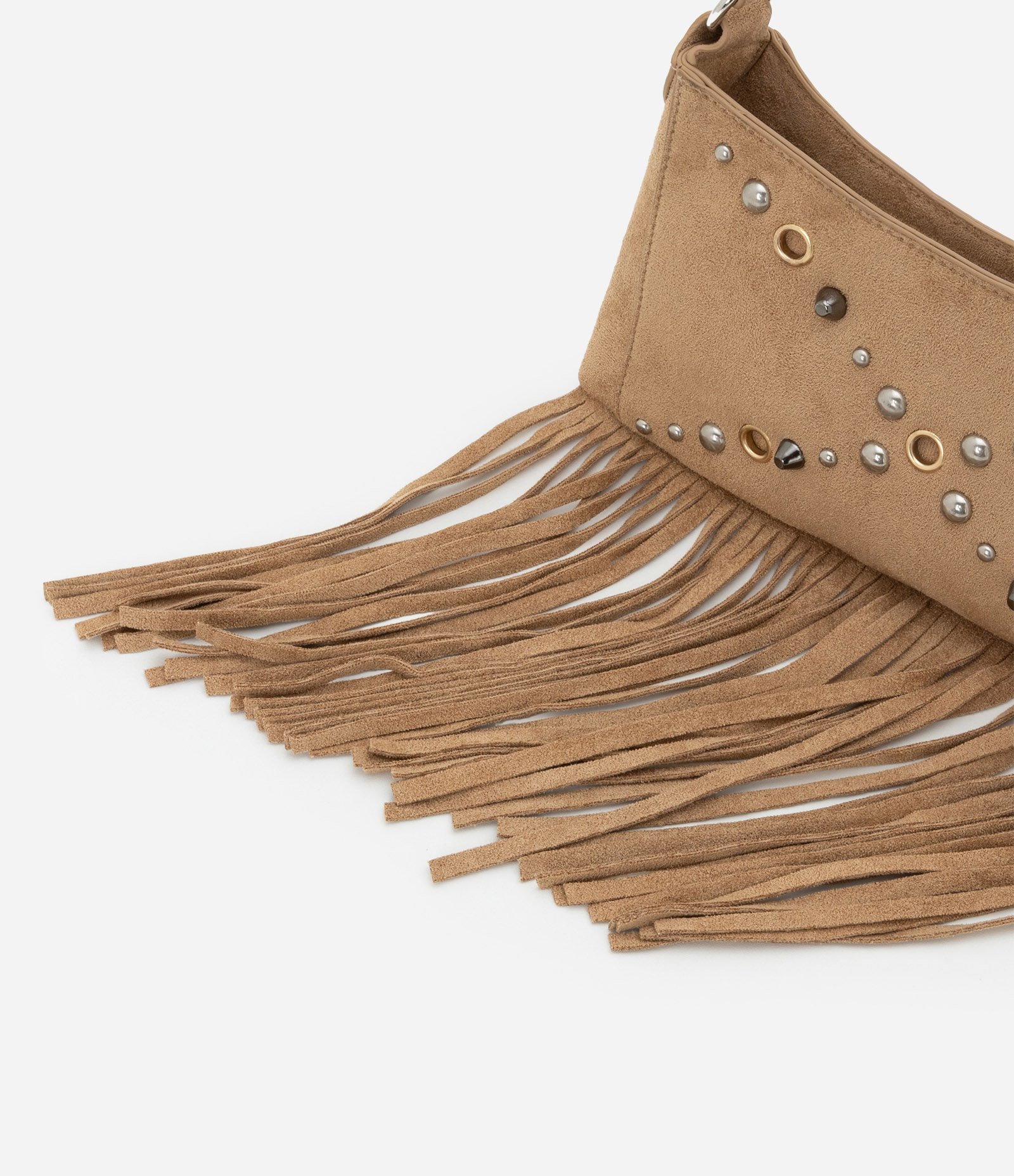 Bolsa Baguete Pequena em Suede com Spikes e Franjas Boho Romântica Bege 6