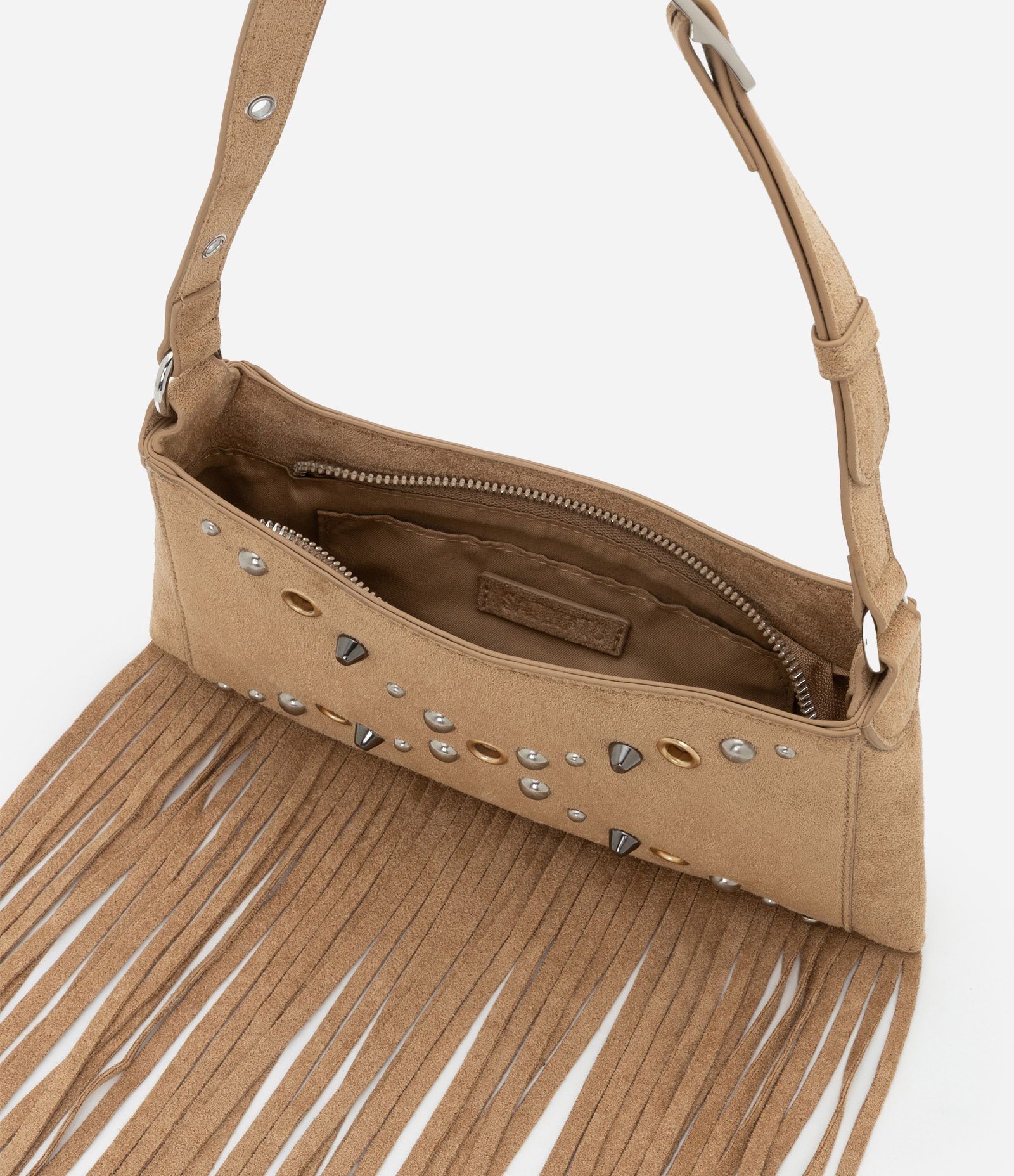 Bolsa Baguete Pequena em Suede com Spikes e Franjas Boho Romântica Bege 7