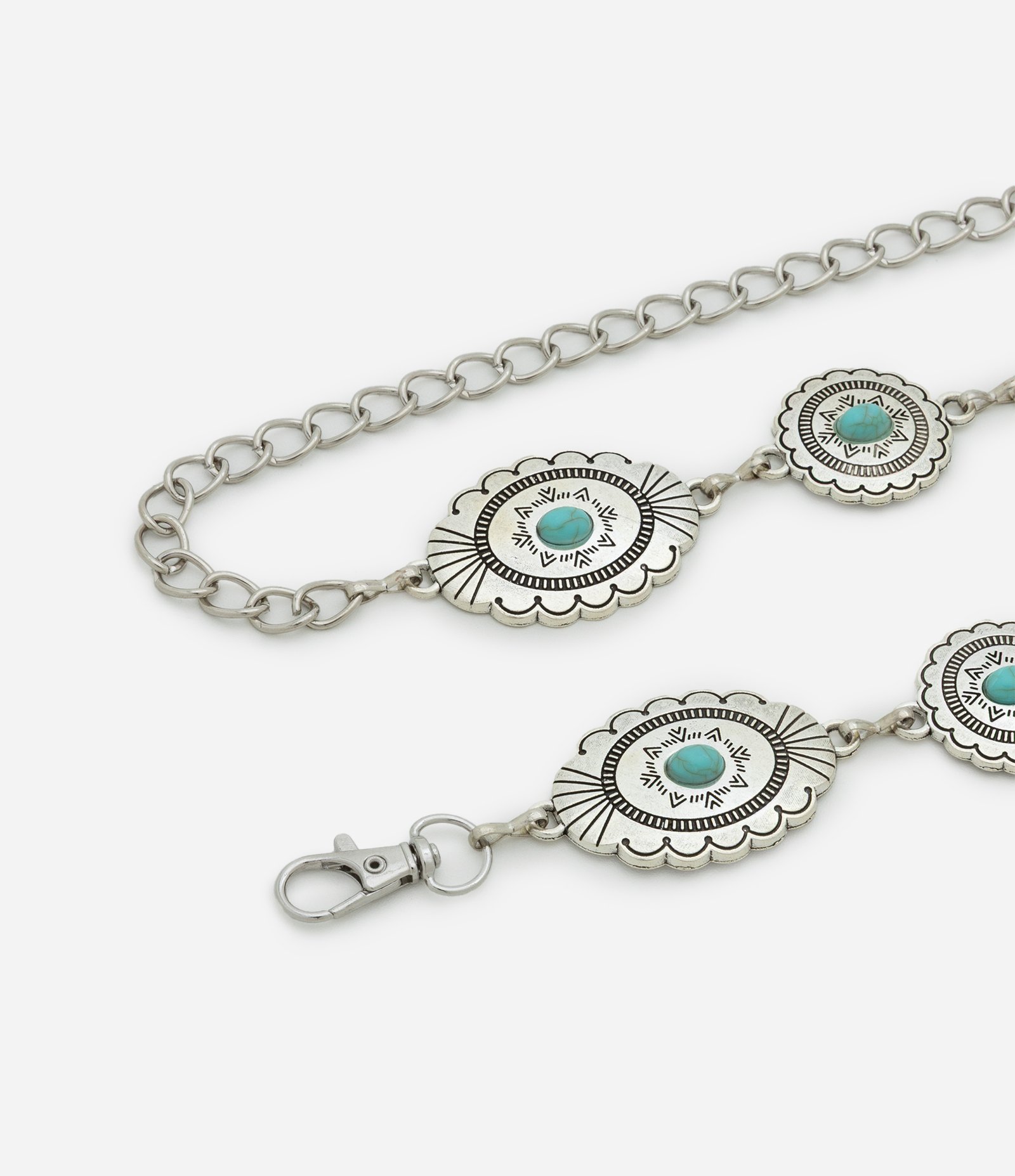 Cinto Médio em Mental com Corrente e Placas Decoradas Prata 2