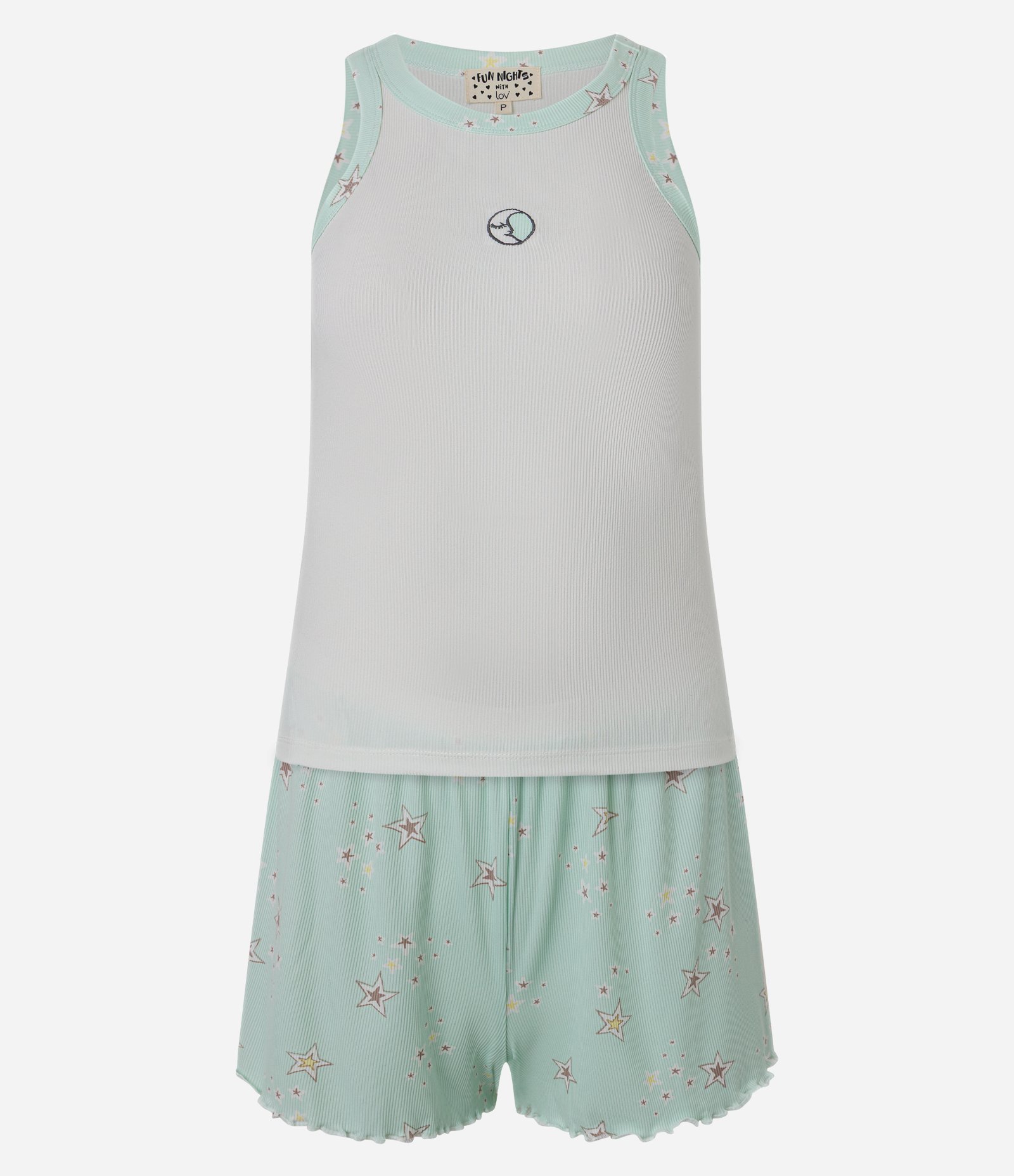 Pijama Short Doll em Ribana com Bordado Lua e Short Estampado de Estrelas Branco/Verde 5