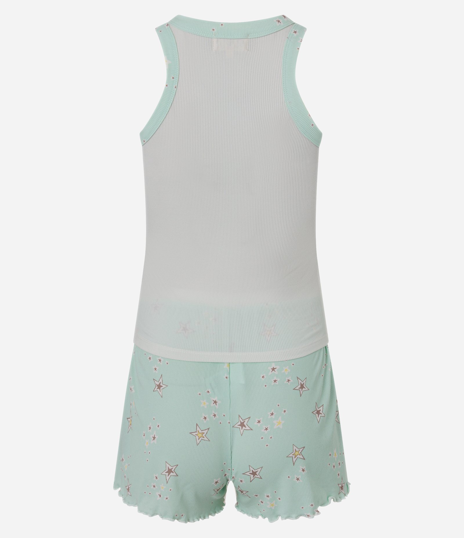 Pijama Short Doll em Ribana com Bordado Lua e Short Estampado de Estrelas Branco/Verde 7