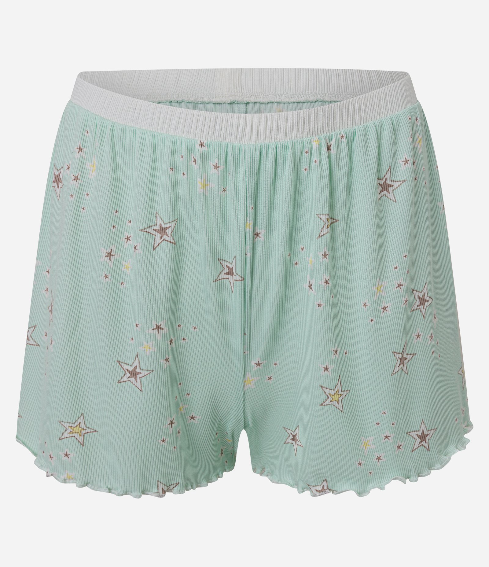 Pijama Short Doll em Ribana com Bordado Lua e Short Estampado de Estrelas Branco/Verde 8
