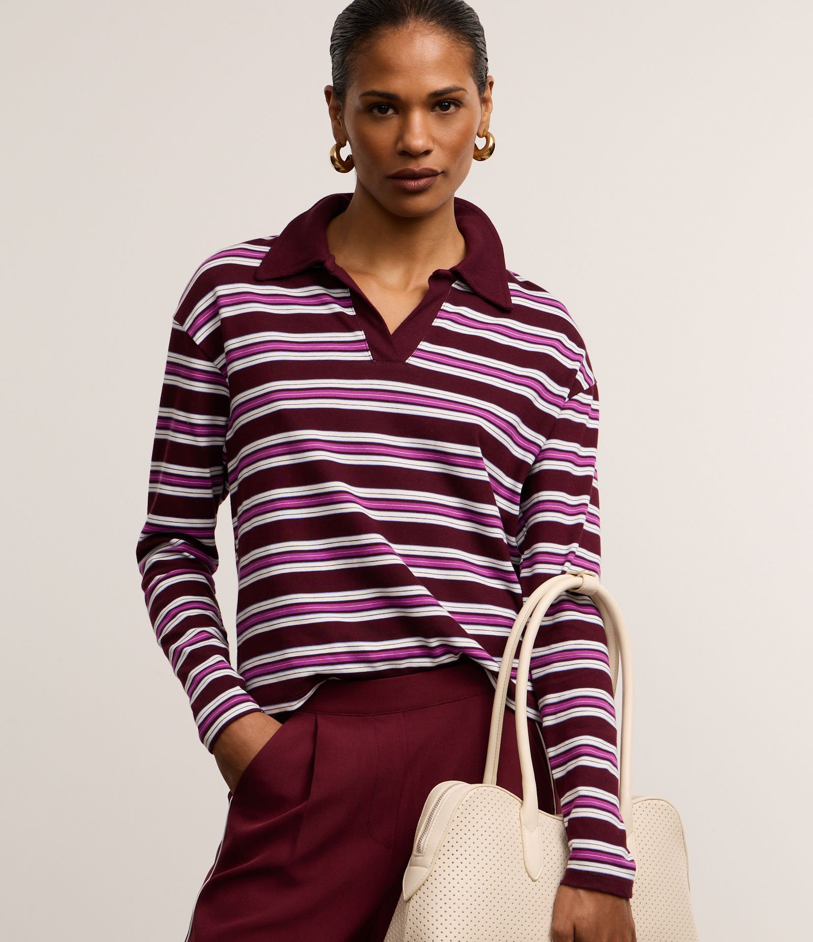 Blusa em Algodão com Listras e Gola Polo Bordô 1