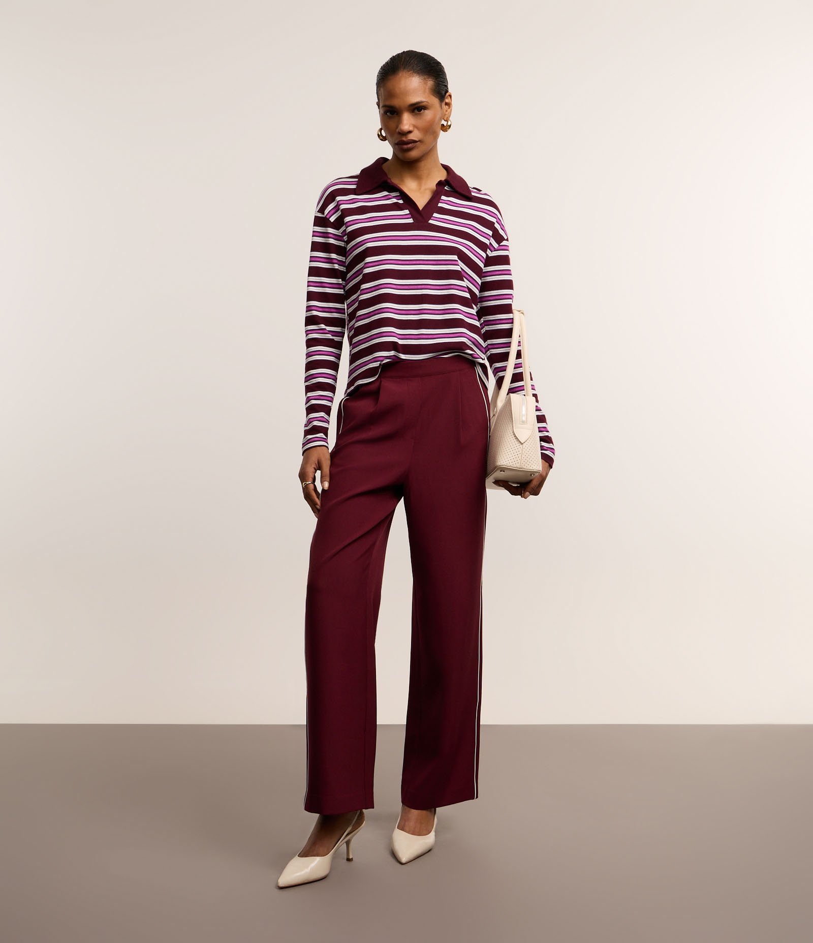 Blusa em Algodão com Listras e Gola Polo Bordô 2