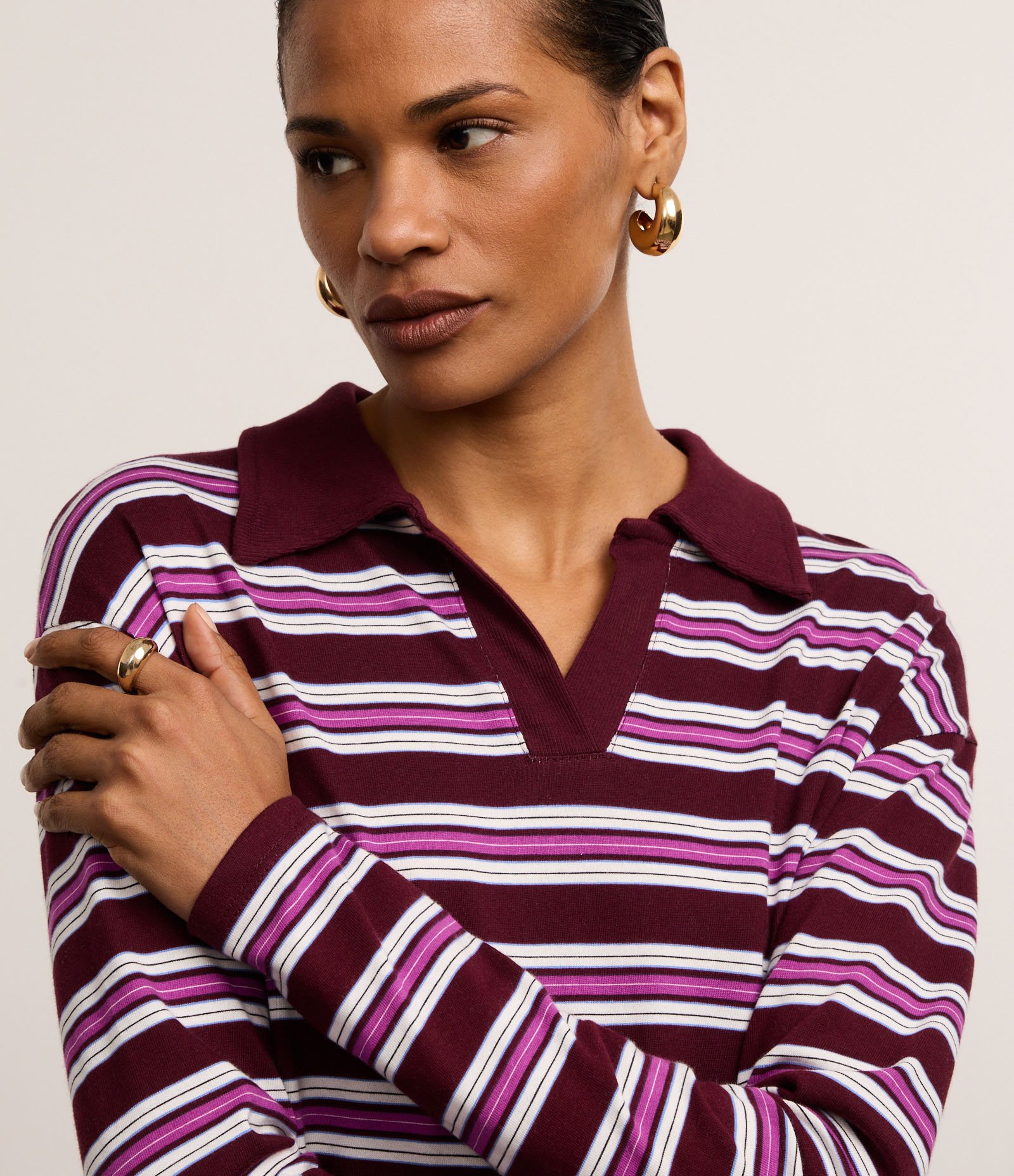 Blusa em Algodão com Listras e Gola Polo Bordô 3