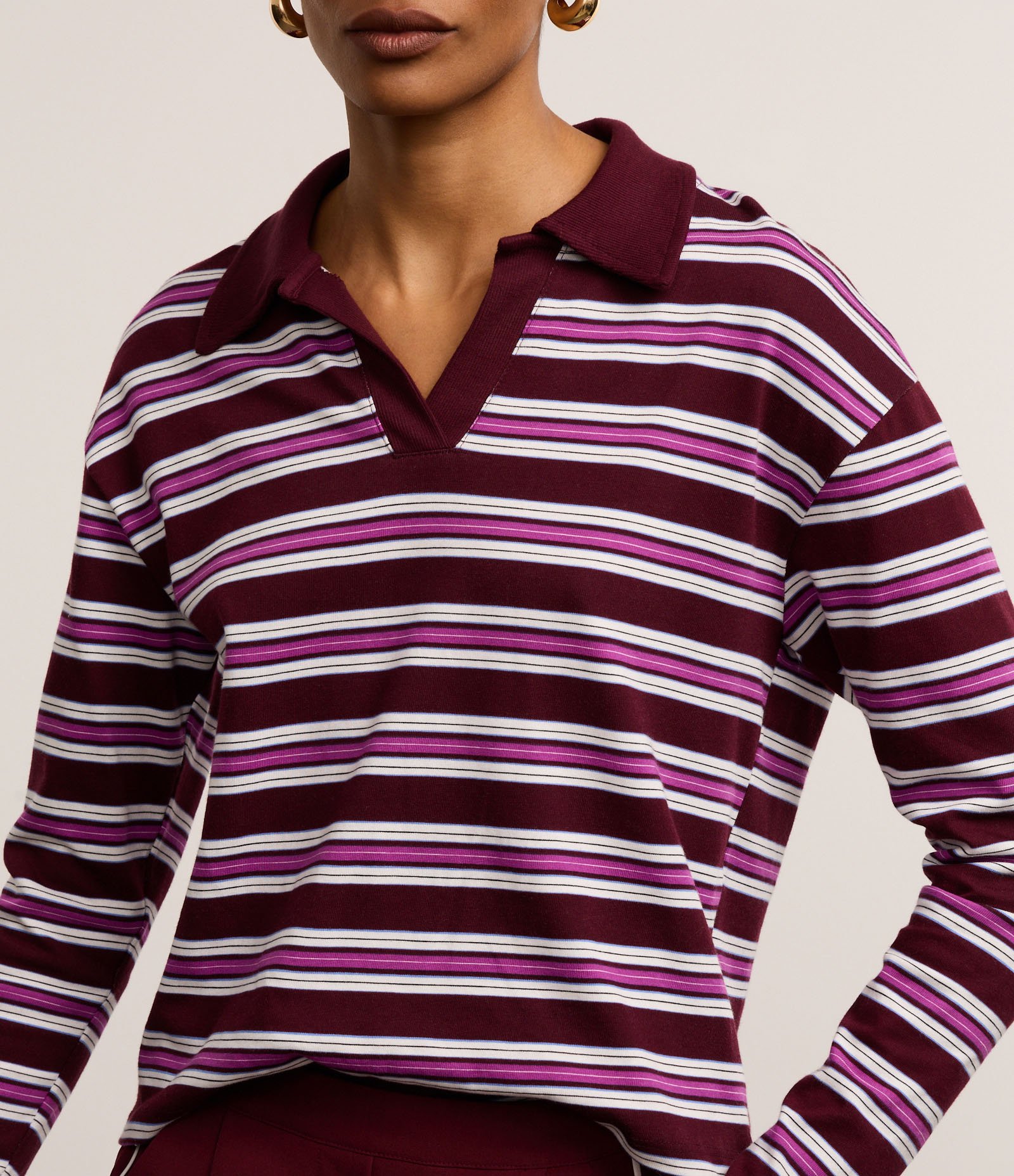 Blusa em Algodão com Listras e Gola Polo Bordô 4