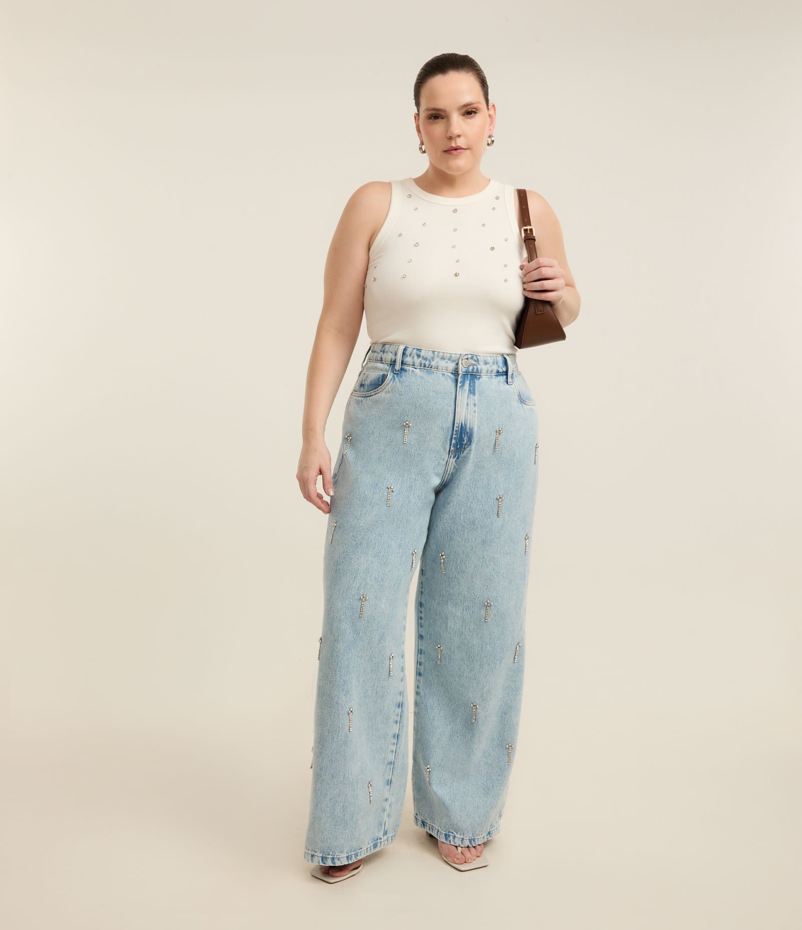 Calça Wide Leg em Jeans com Aplicação de Strass Curve & Plus Size Azul 1