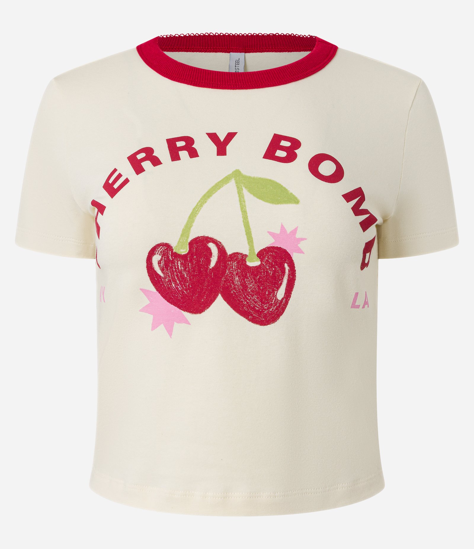 Blusa Baby Look em Algodão com Gola Contrastante e Silk Cherry Bomb Bege 4