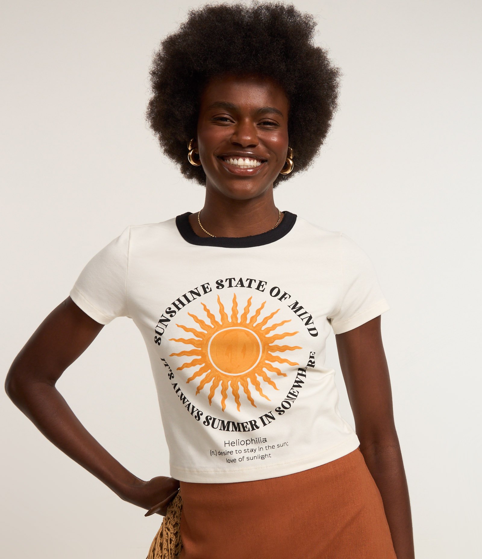 Blusa Baby Look em Algodão com Gola Contrastante e Estampa State Of Mind Branco 1