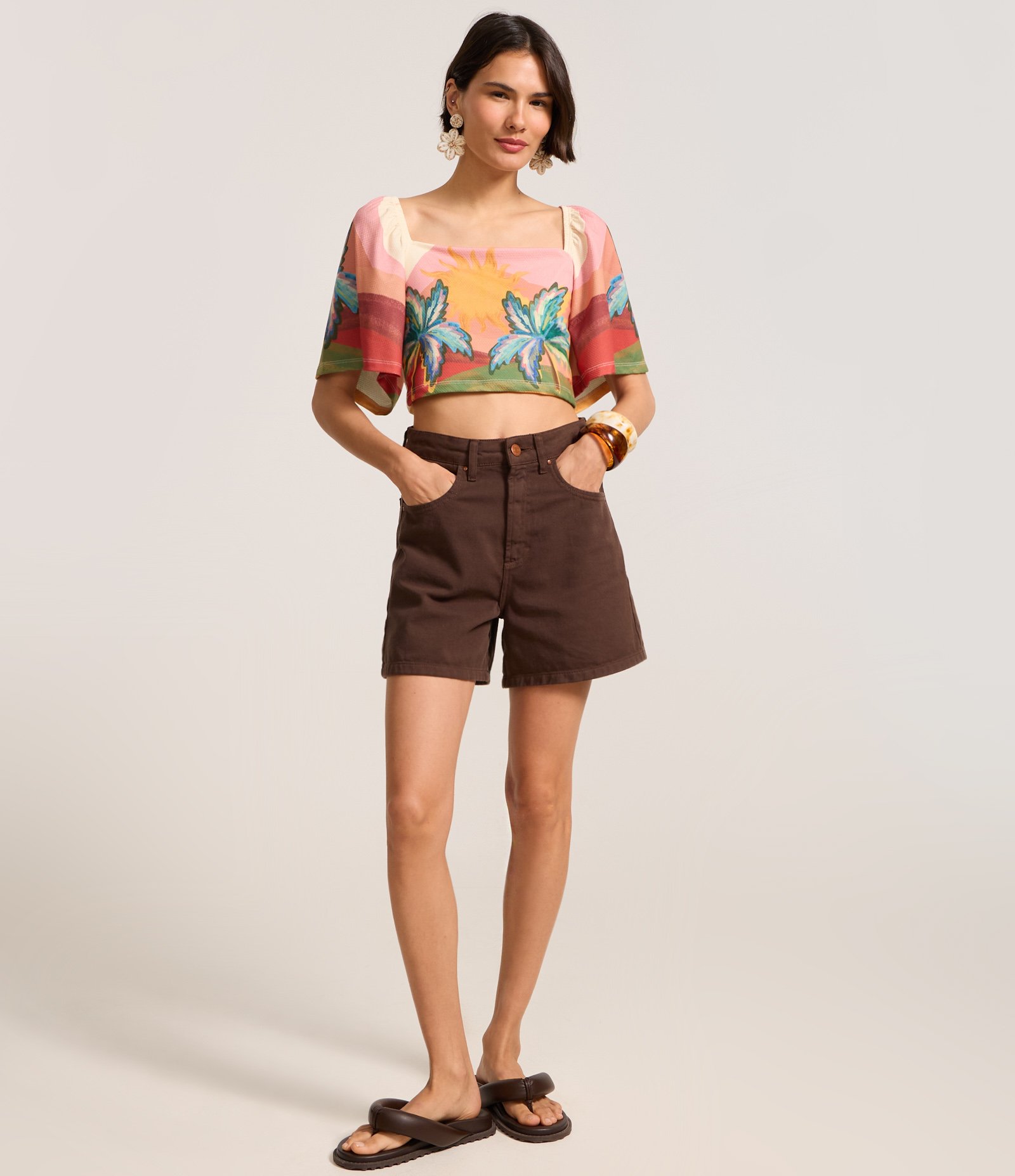 Blusa Cropped Texturizada com Estampa Tropical Multicores 2