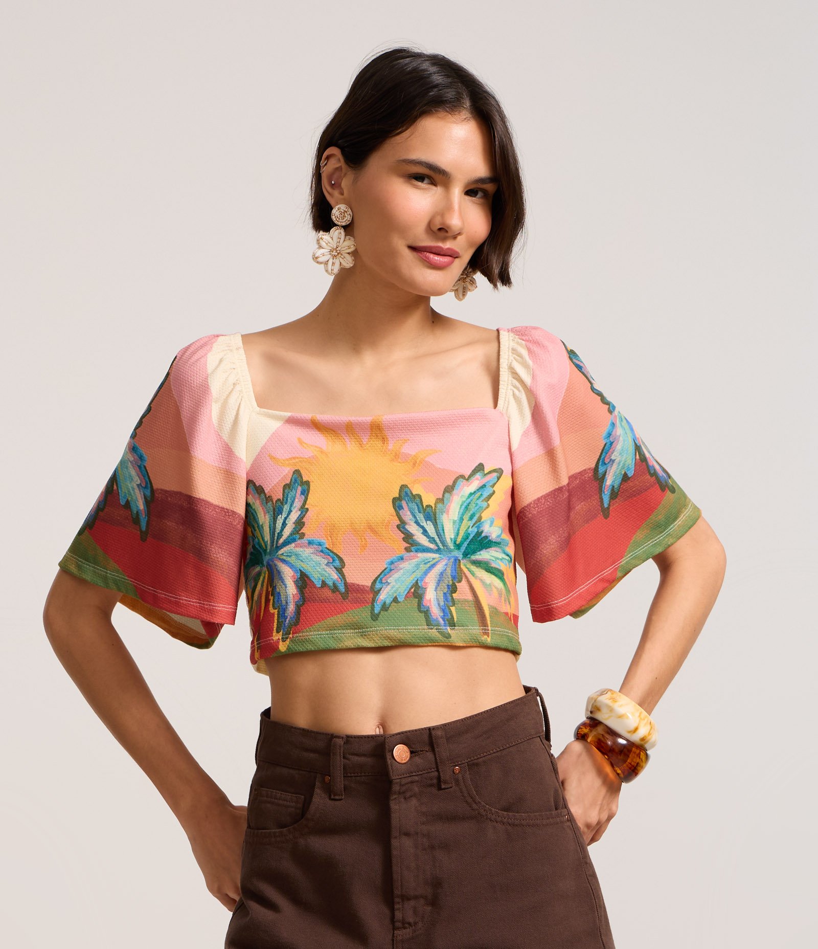 Blusa Cropped Texturizada com Estampa Tropical Multicores 3