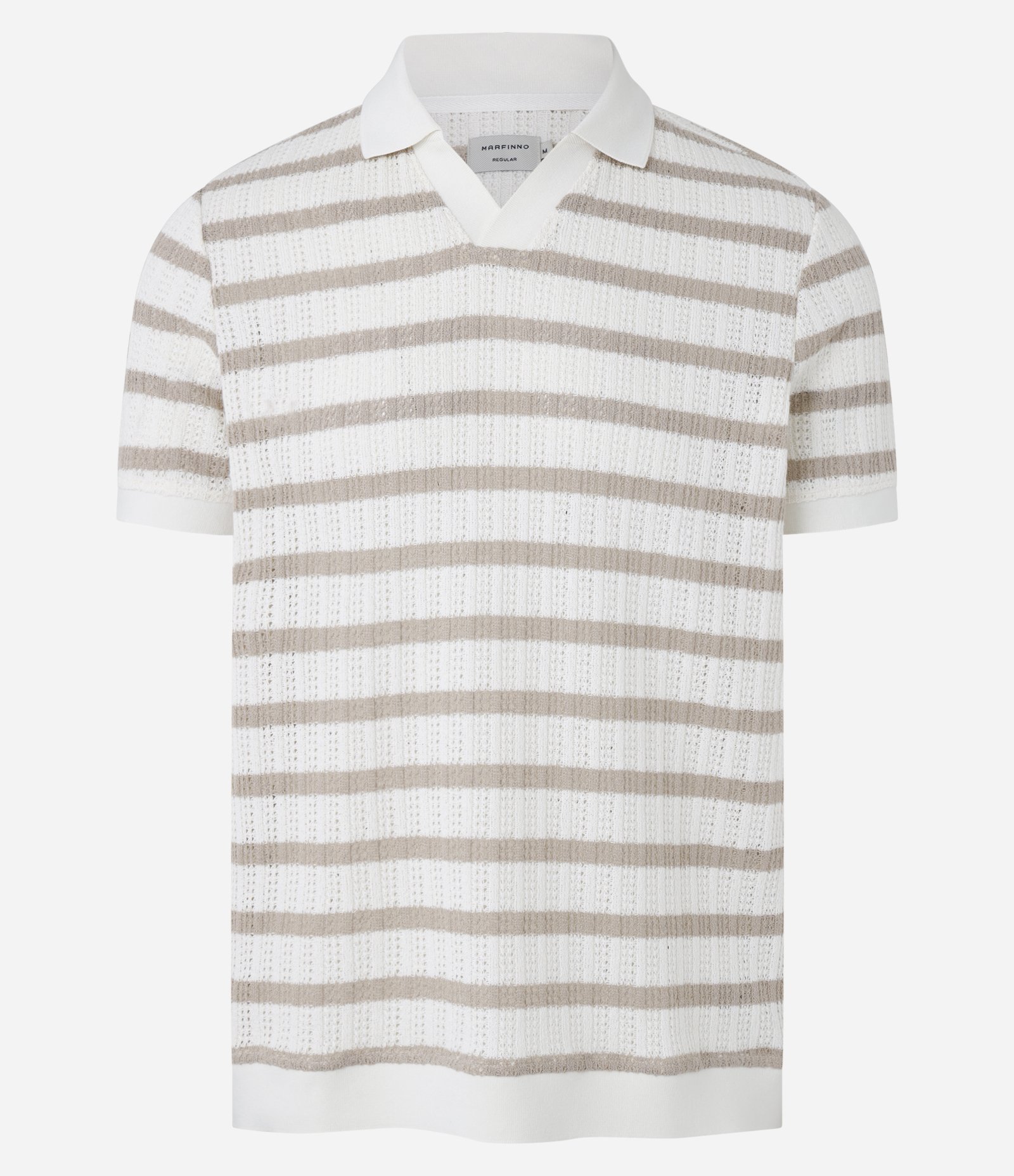 Camiseta Polo Regular em Algodão Listrada com Textura Efeito Crochê Bege 6