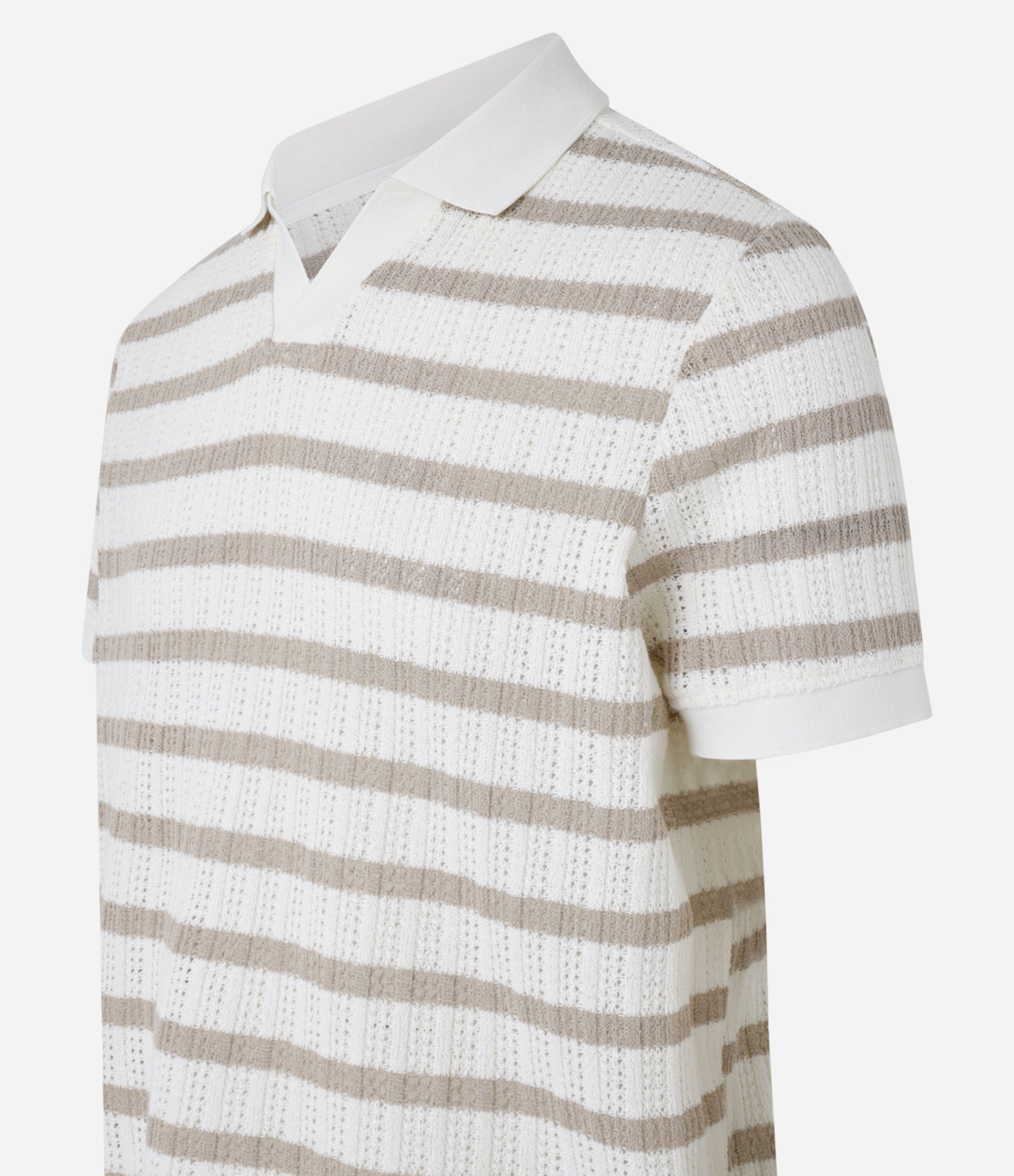 Camiseta Polo Regular em Algodão Listrada com Textura Efeito Crochê Bege 7