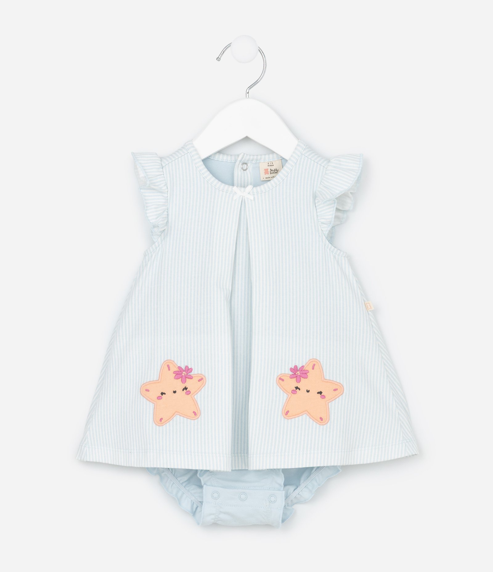 Vestido Body Infantil com Estampa de Listras e Bordado de Estrela com Rostinho - Tam 0 a 18 Meses Azul 1