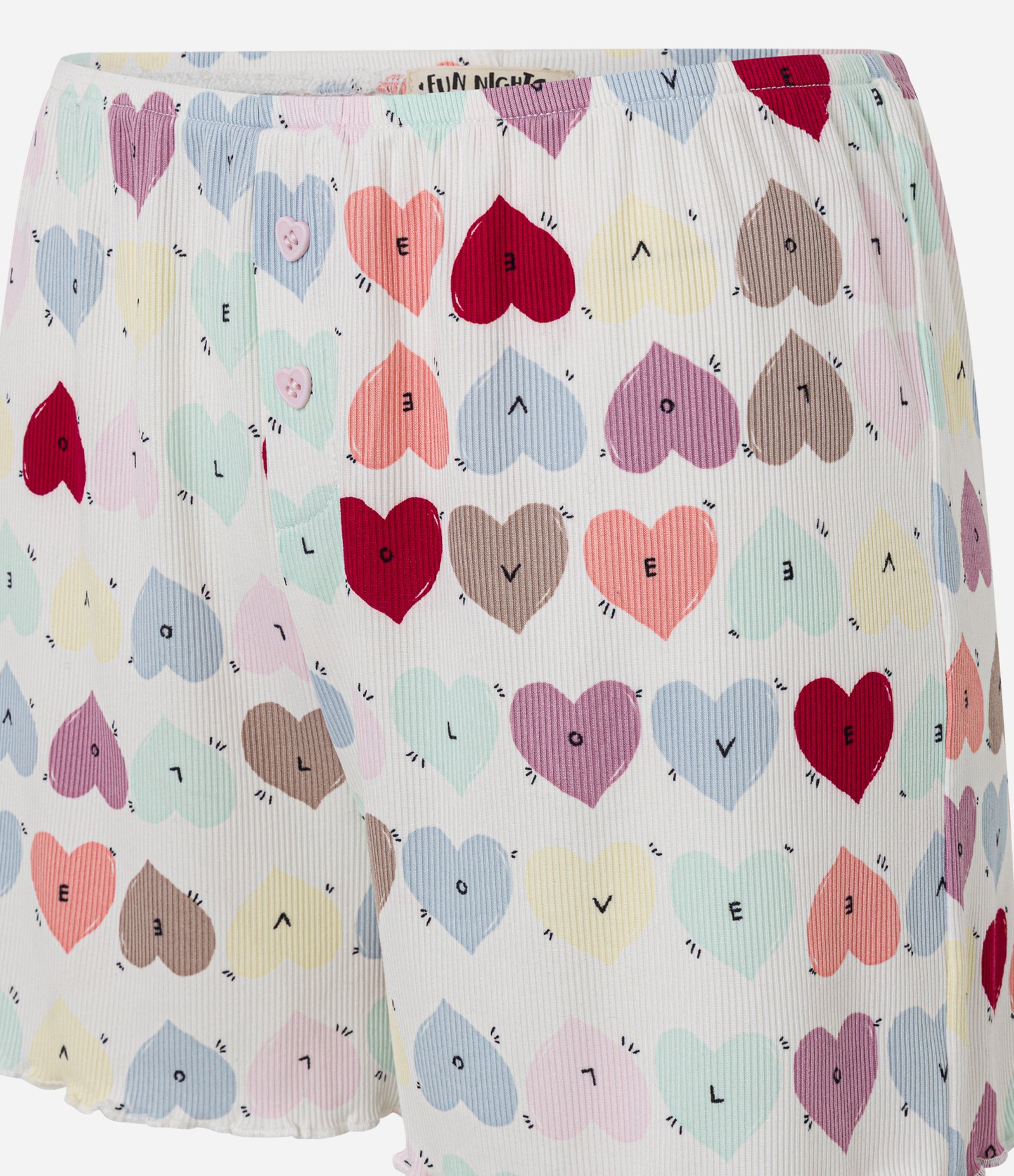 Short de Pijama em Ribana com Estampa de Corações e Barra Frufru Off White 4