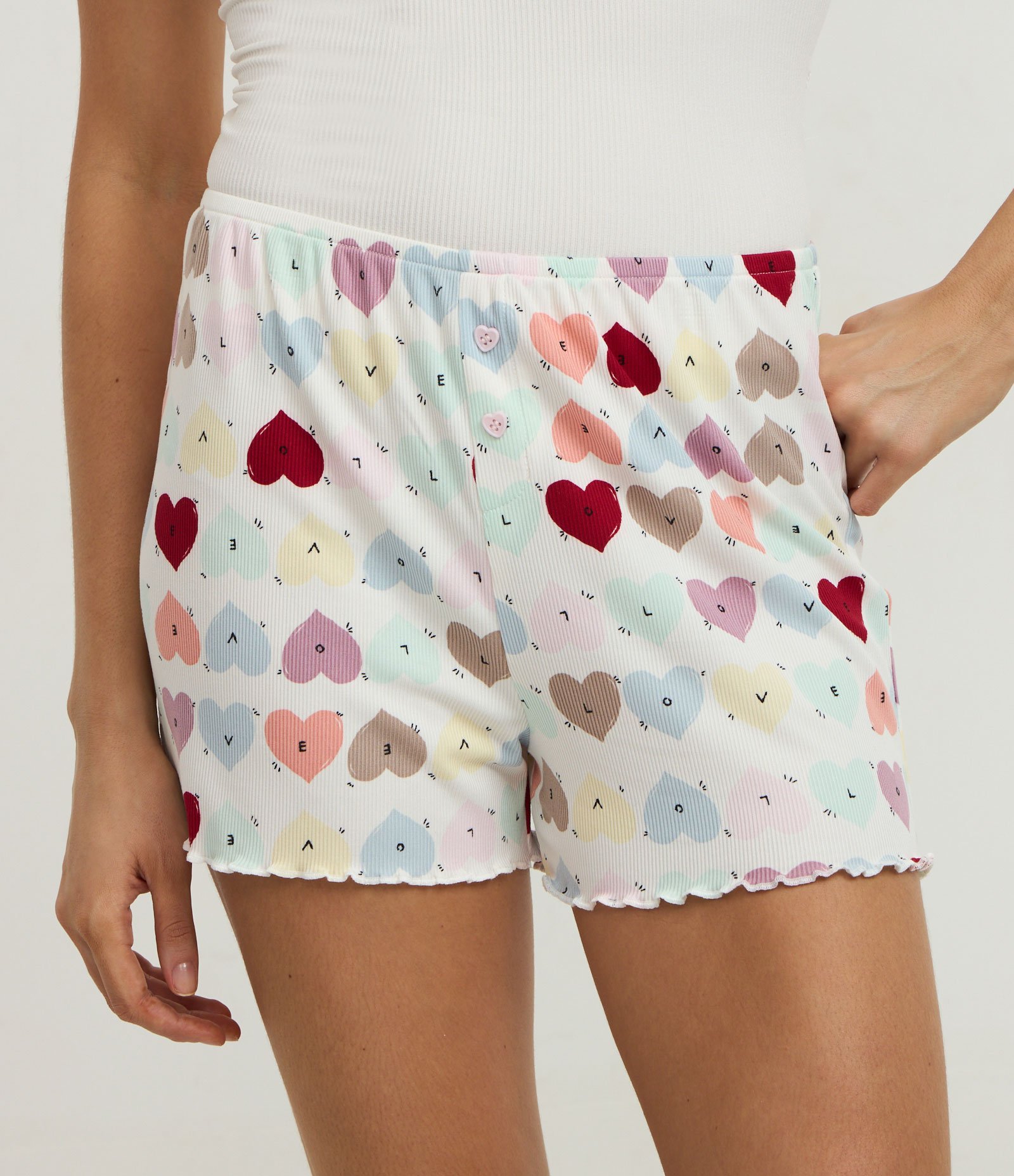 Short de Pijama em Ribana com Estampa de Corações e Barra Frufru Off White 2