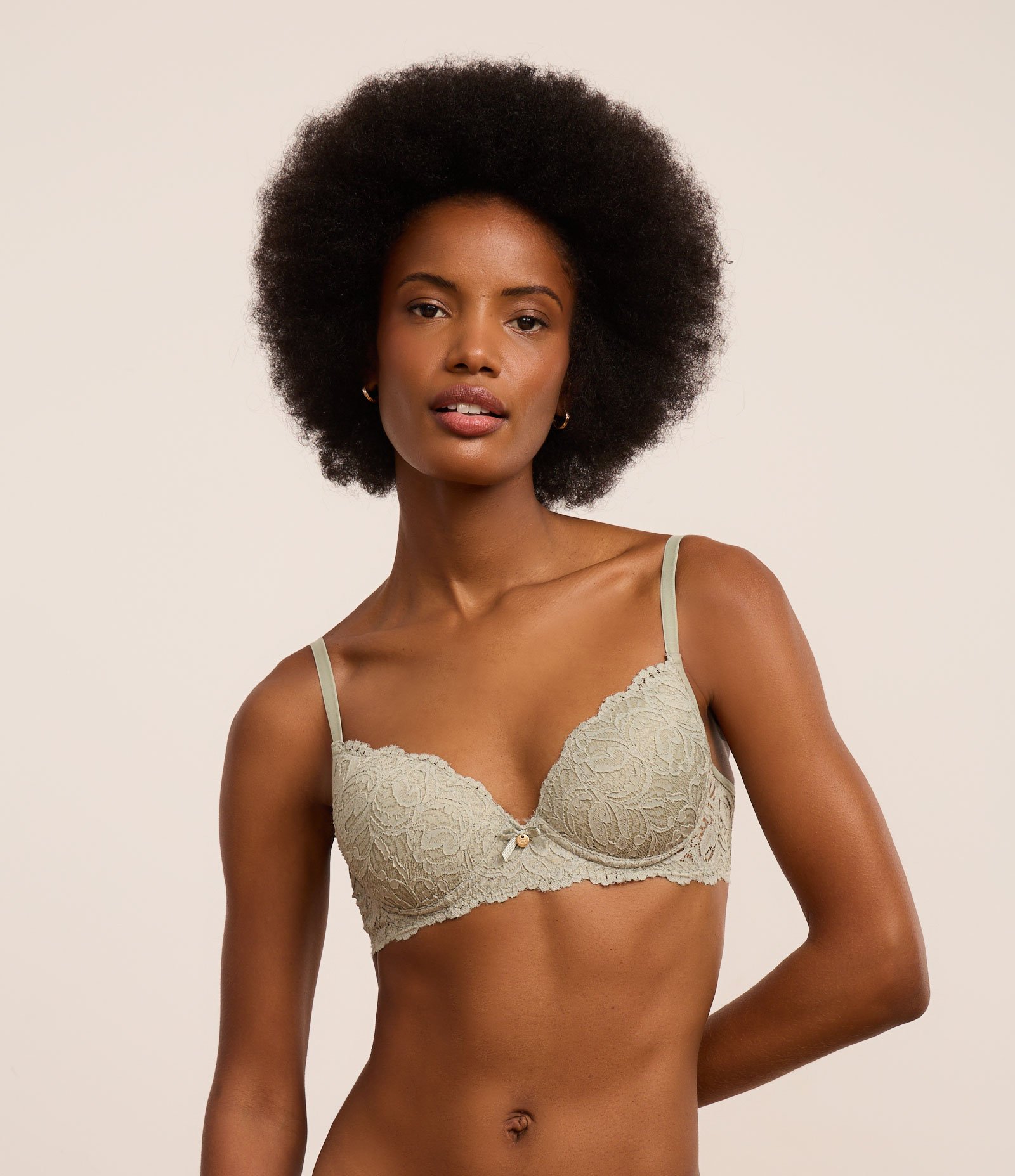 Sutiã Base em Renda Rústica com Bojo Oco Verde Acinzentado 1