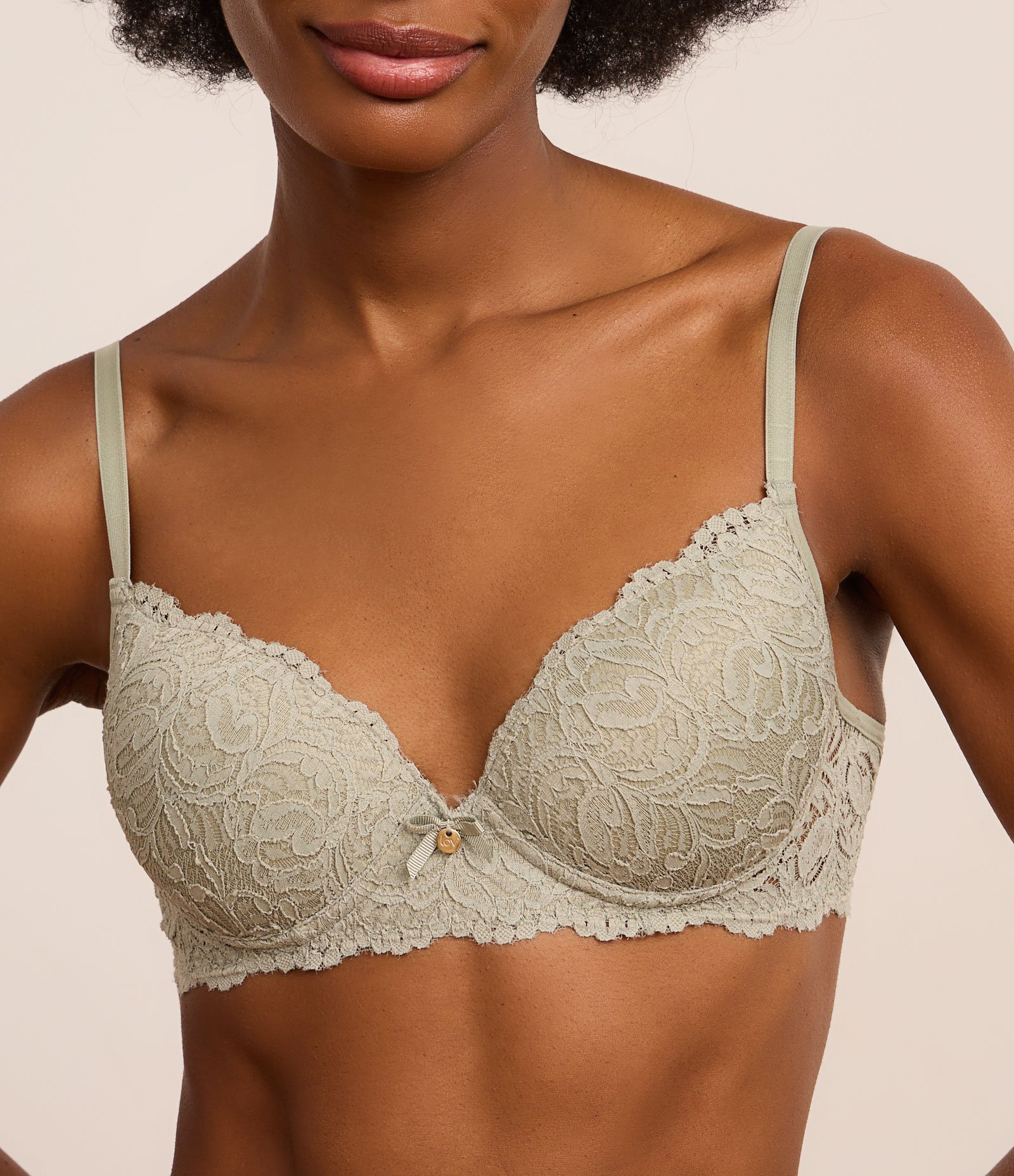 Sutiã Base em Renda Rústica com Bojo Oco Verde Acinzentado 3