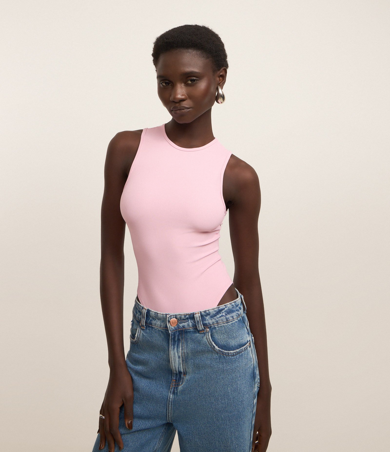 Body sem Manga em Ribana de Poliamida Rosa 1