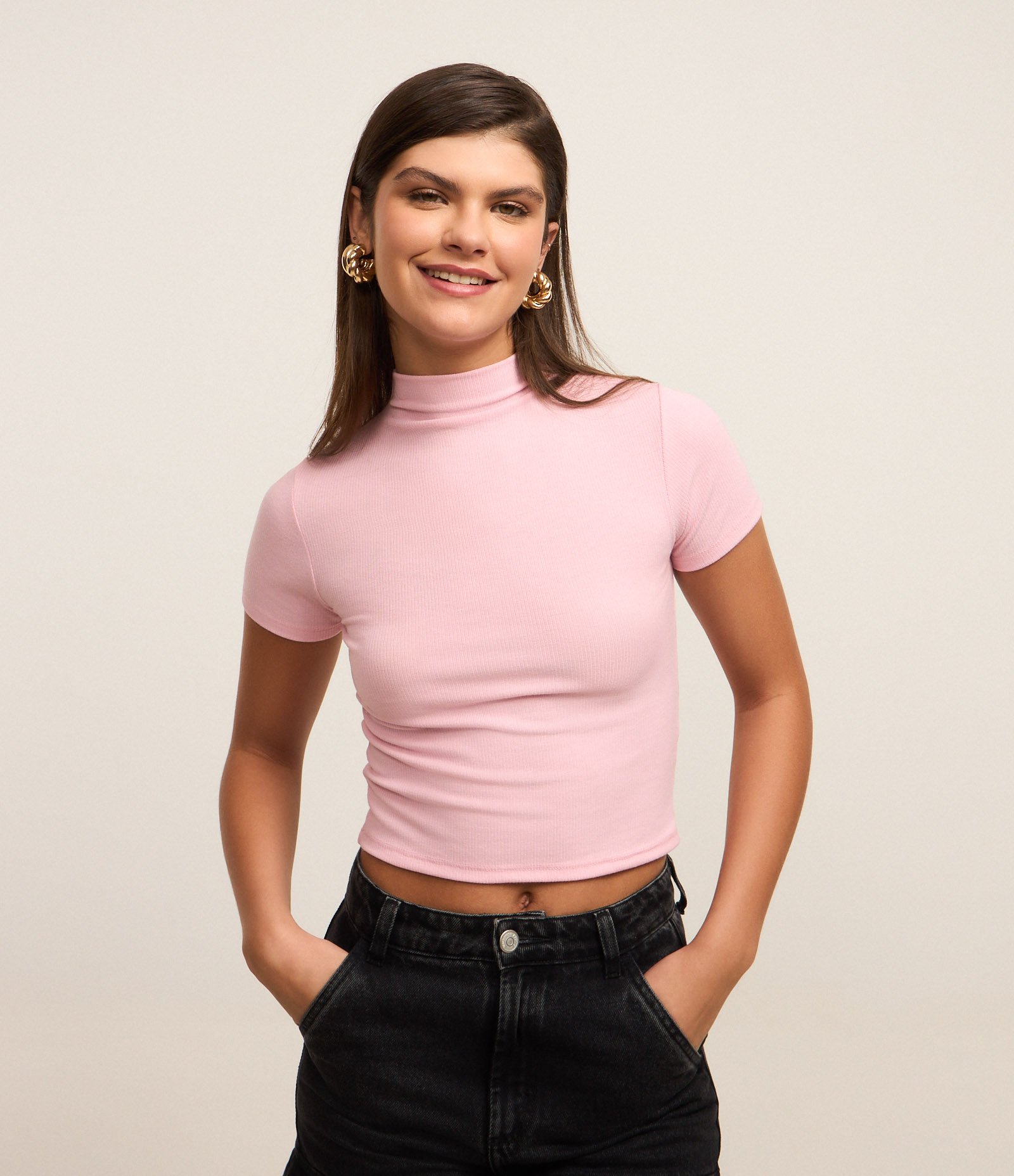 Blusa Básica Texturizada em Viscose com Golinha Alta Rosa 1