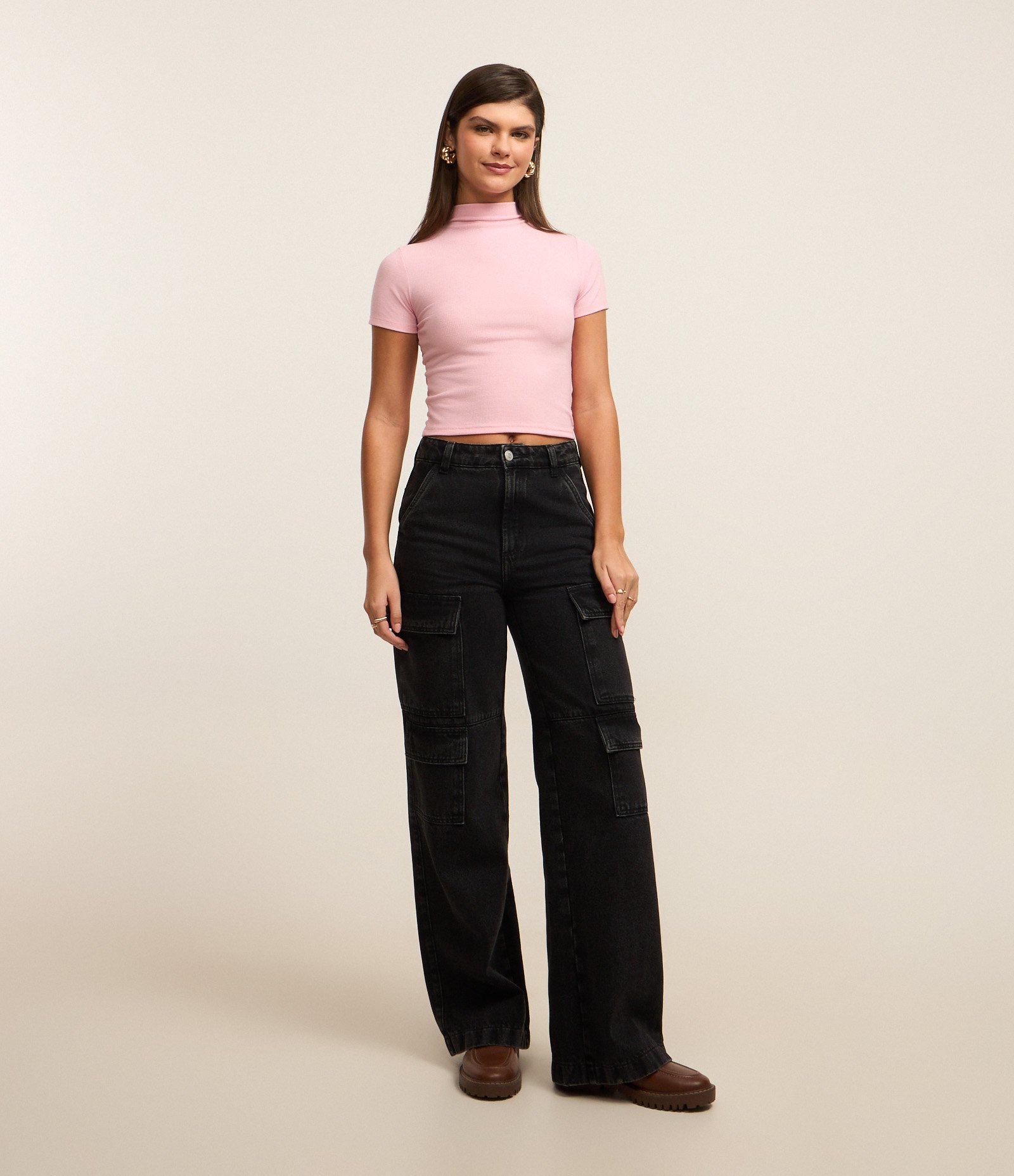 Blusa Básica Texturizada em Viscose com Golinha Alta Rosa 2