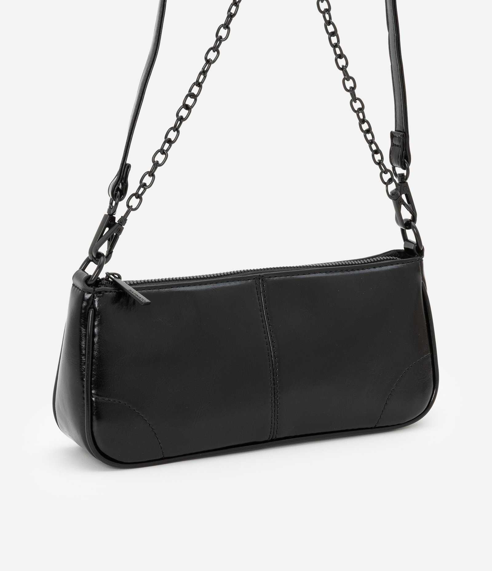 Bolsa Baguete Pequena com Textura e Alça de Corrente Preto 1