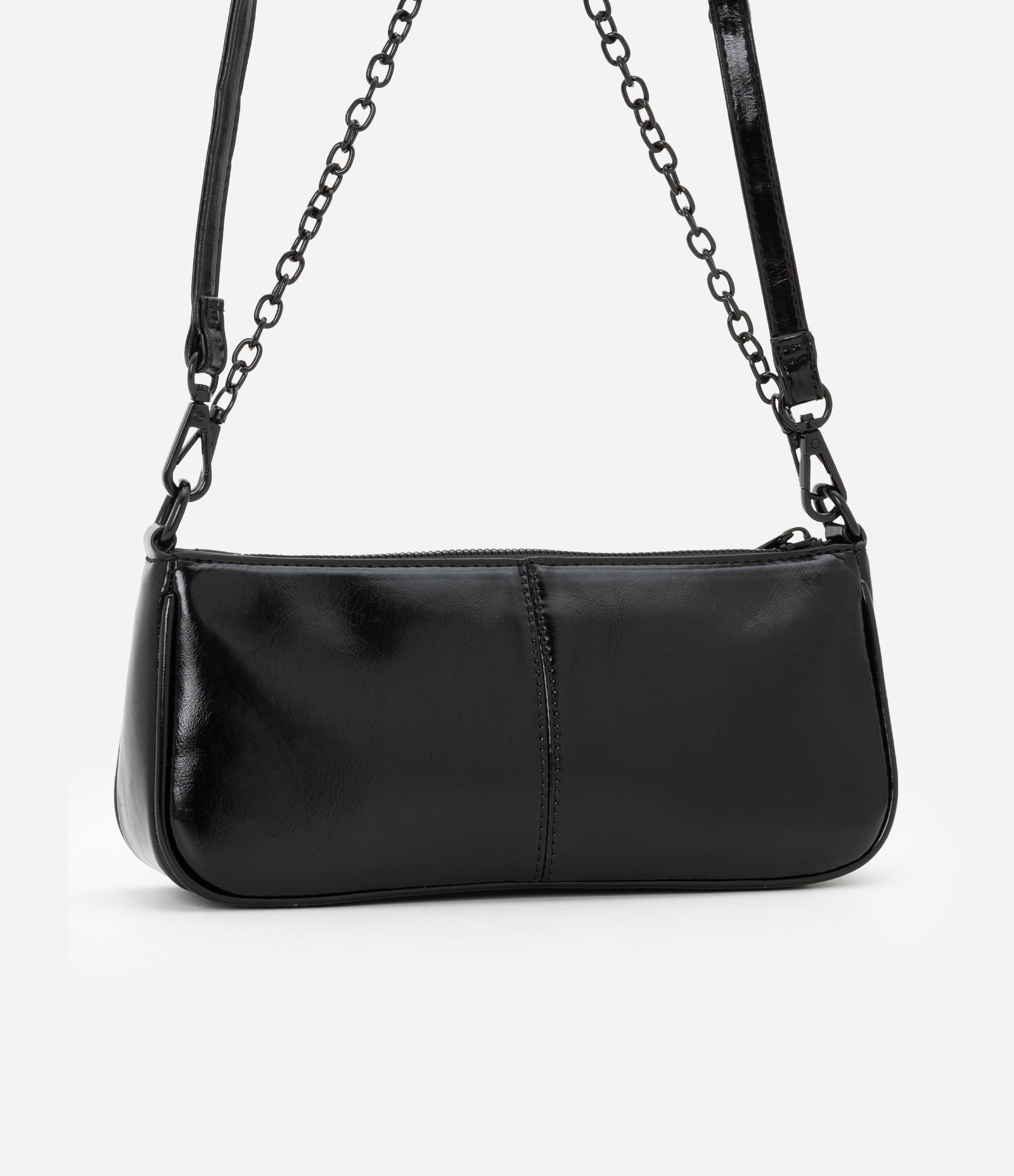 Bolsa Baguete Pequena com Textura e Alça de Corrente Preto 3