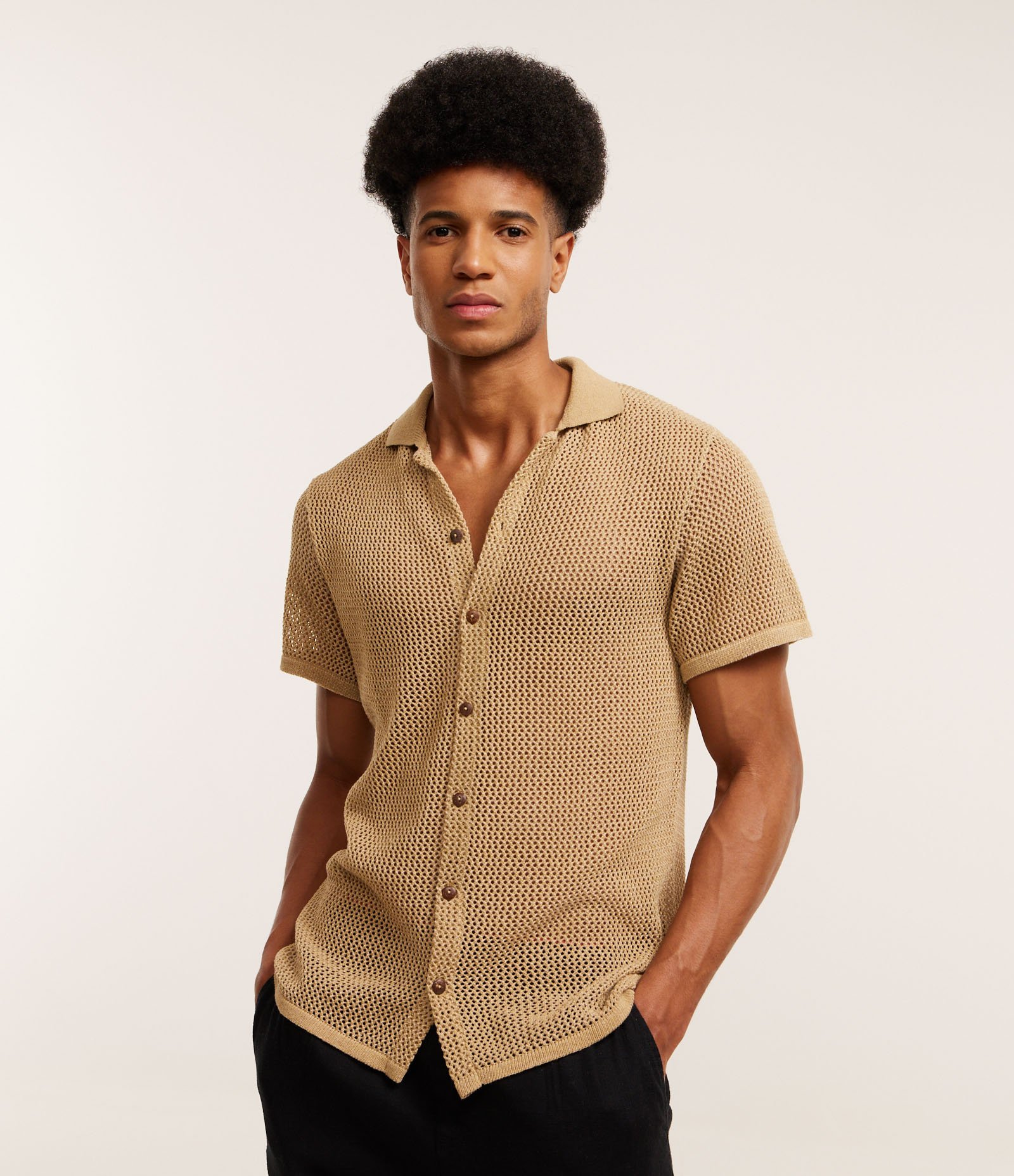 Camisa Regular Texturizado com Textura Efeito Crochê Amarelo 3