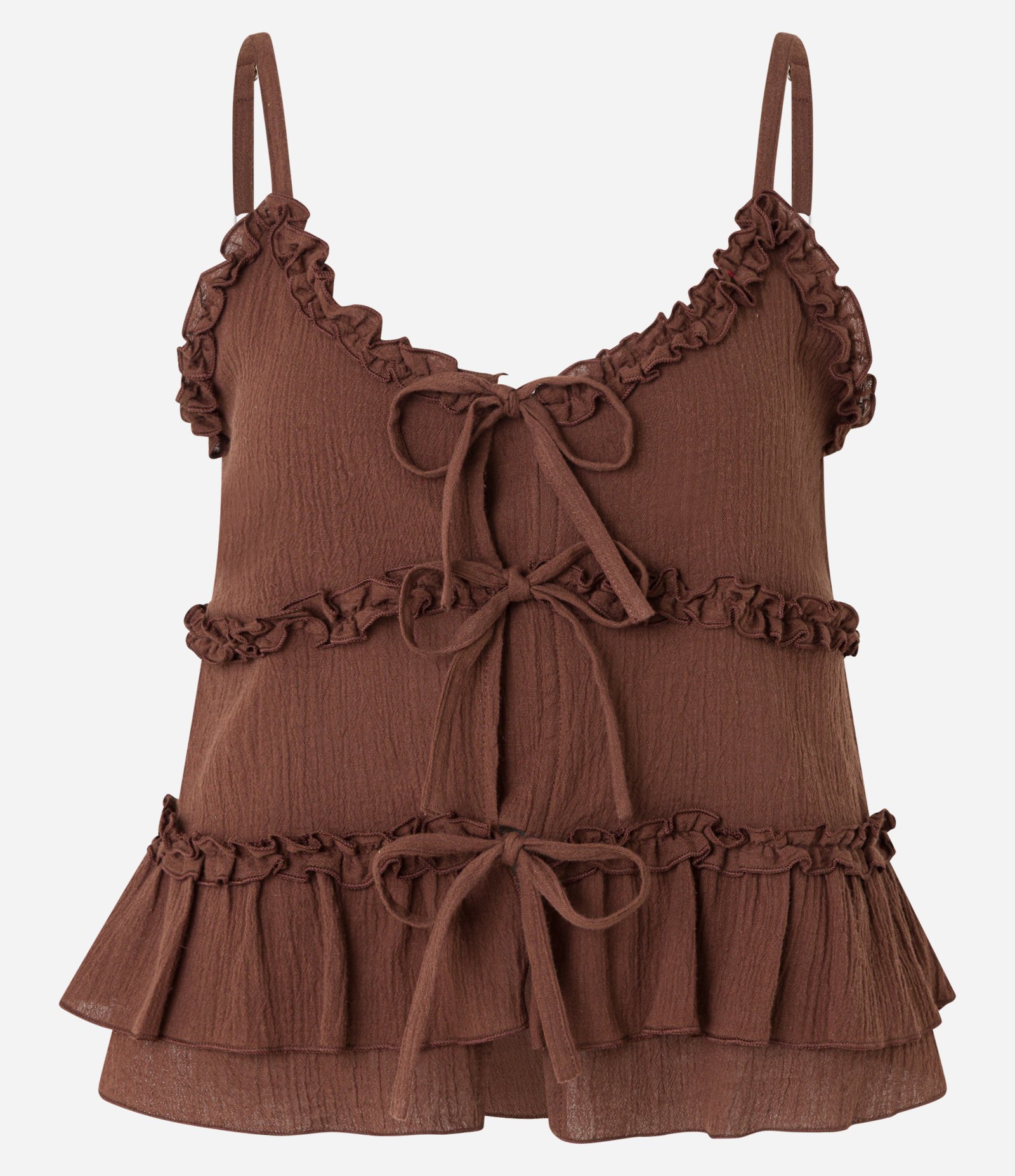 Blusa de Alça em Crepe com Amarração e Babados Marrom 5