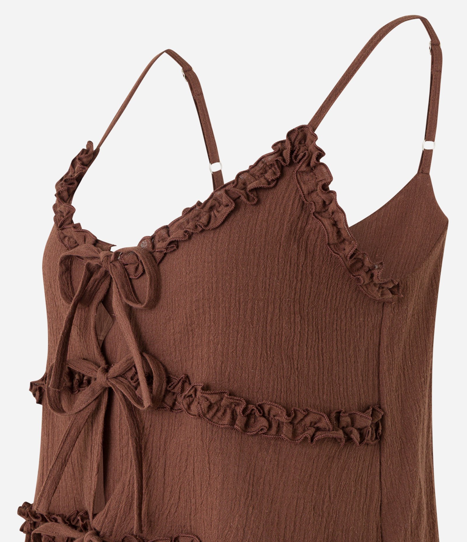 Blusa de Alça em Crepe com Amarração e Babados Marrom 6