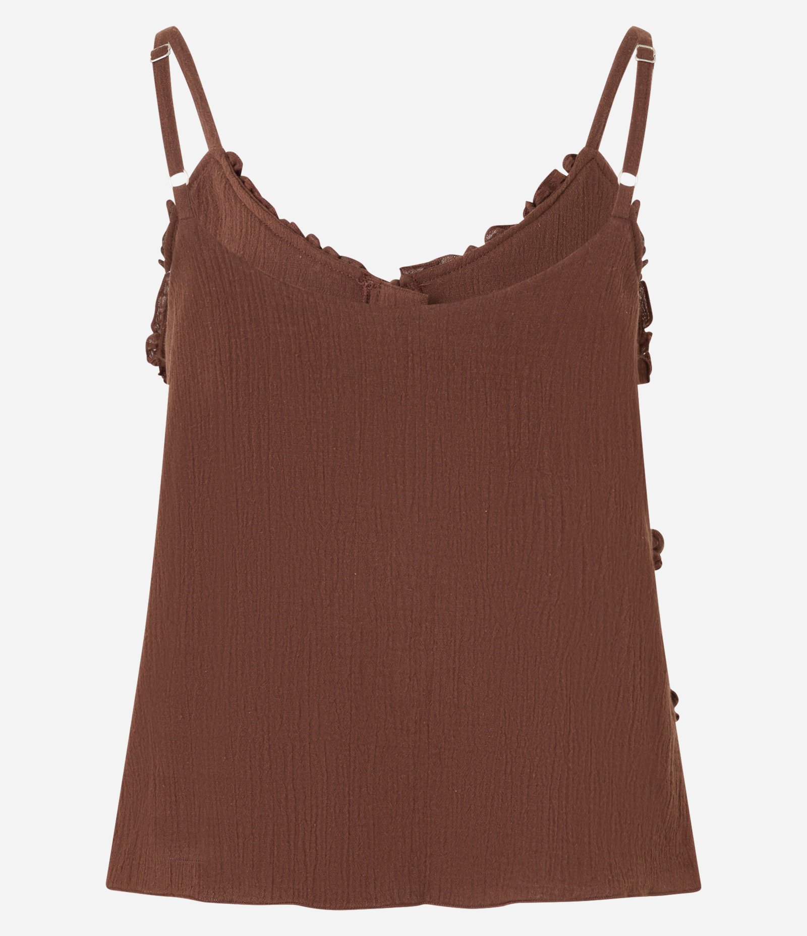 Blusa de Alça em Crepe com Amarração e Babados Marrom 7