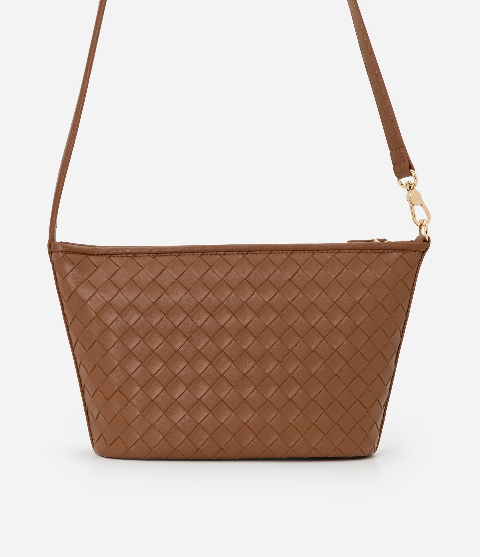 Bolsa Transversal em PU com Textura Tressê Caramelo 3