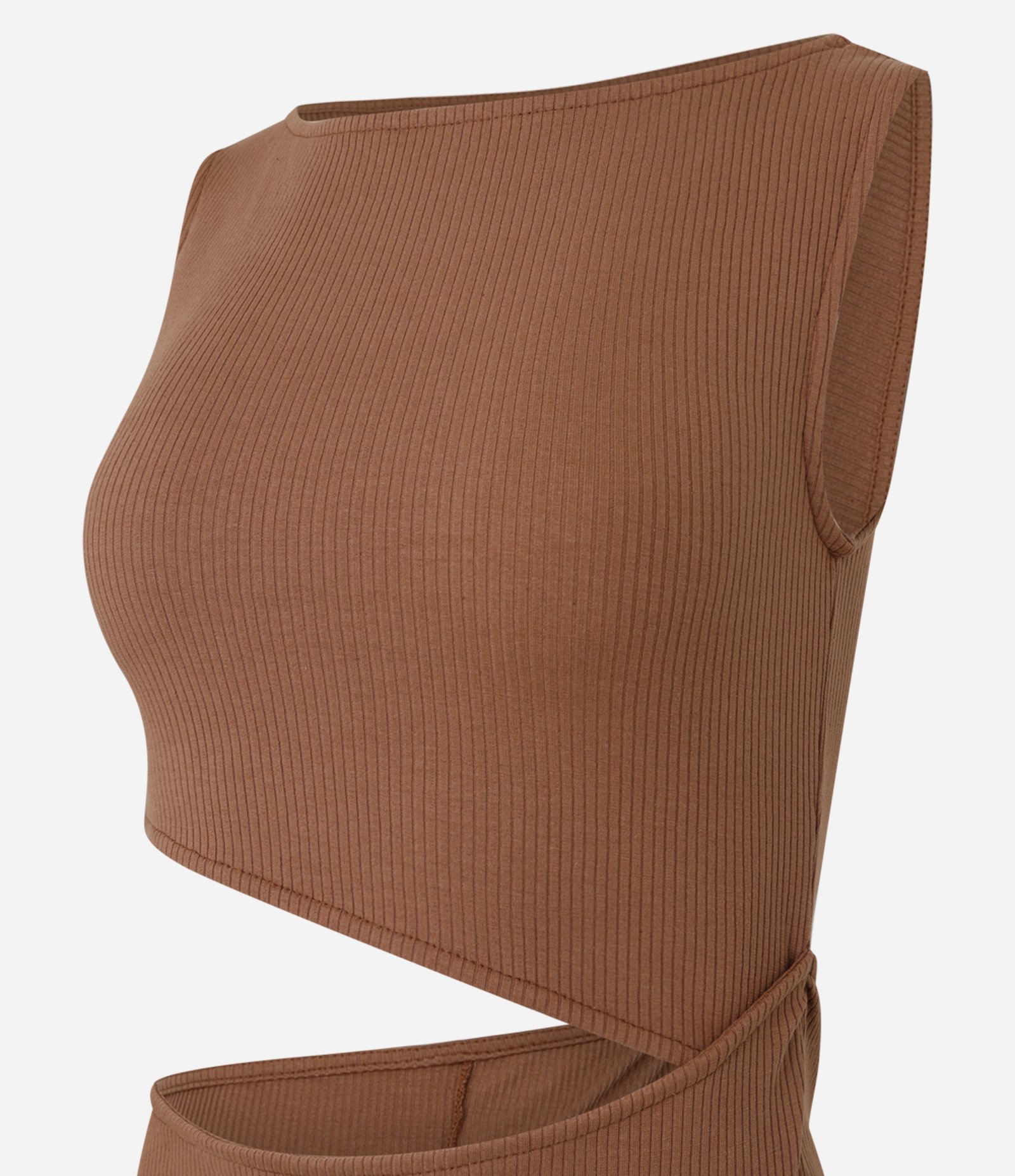 Vestido New Midi em Ribana com Recorte Vazado Lateral Marrom 2