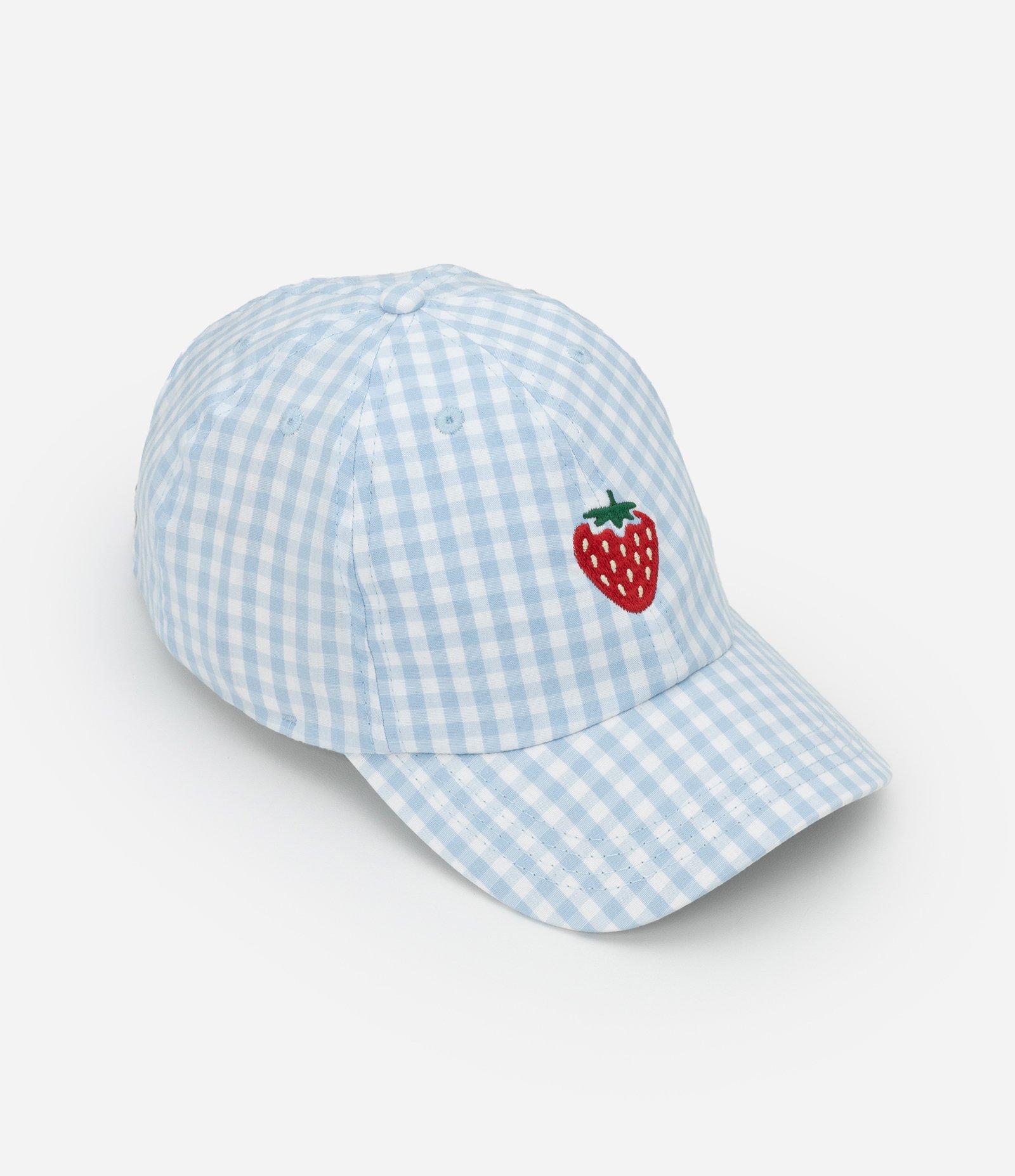 Boné Aba Curva em Flanela com Estampa Xadrez Vichy e Bordado Morango Azul 2