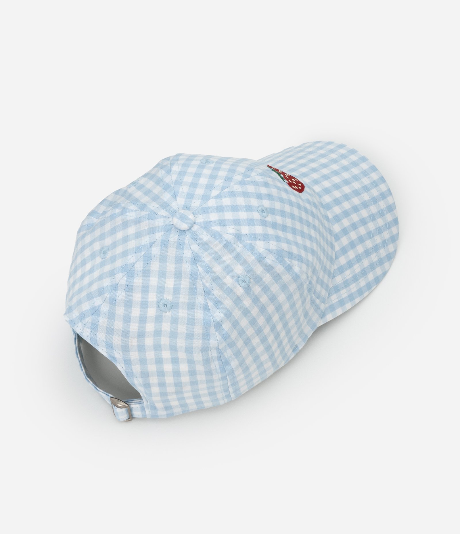 Boné Aba Curva em Flanela com Estampa Xadrez Vichy e Bordado Morango Azul 3