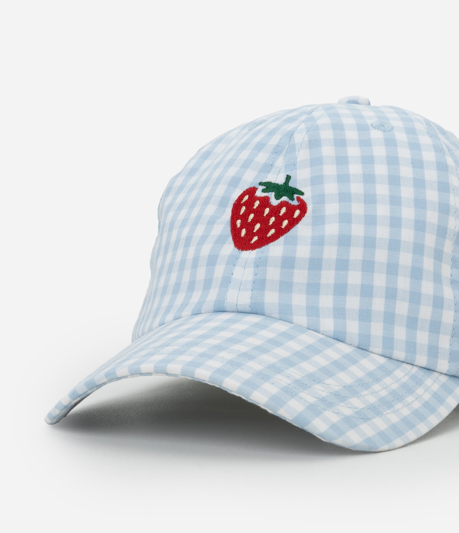 Boné Aba Curva em Flanela com Estampa Xadrez Vichy e Bordado Morango Azul 5