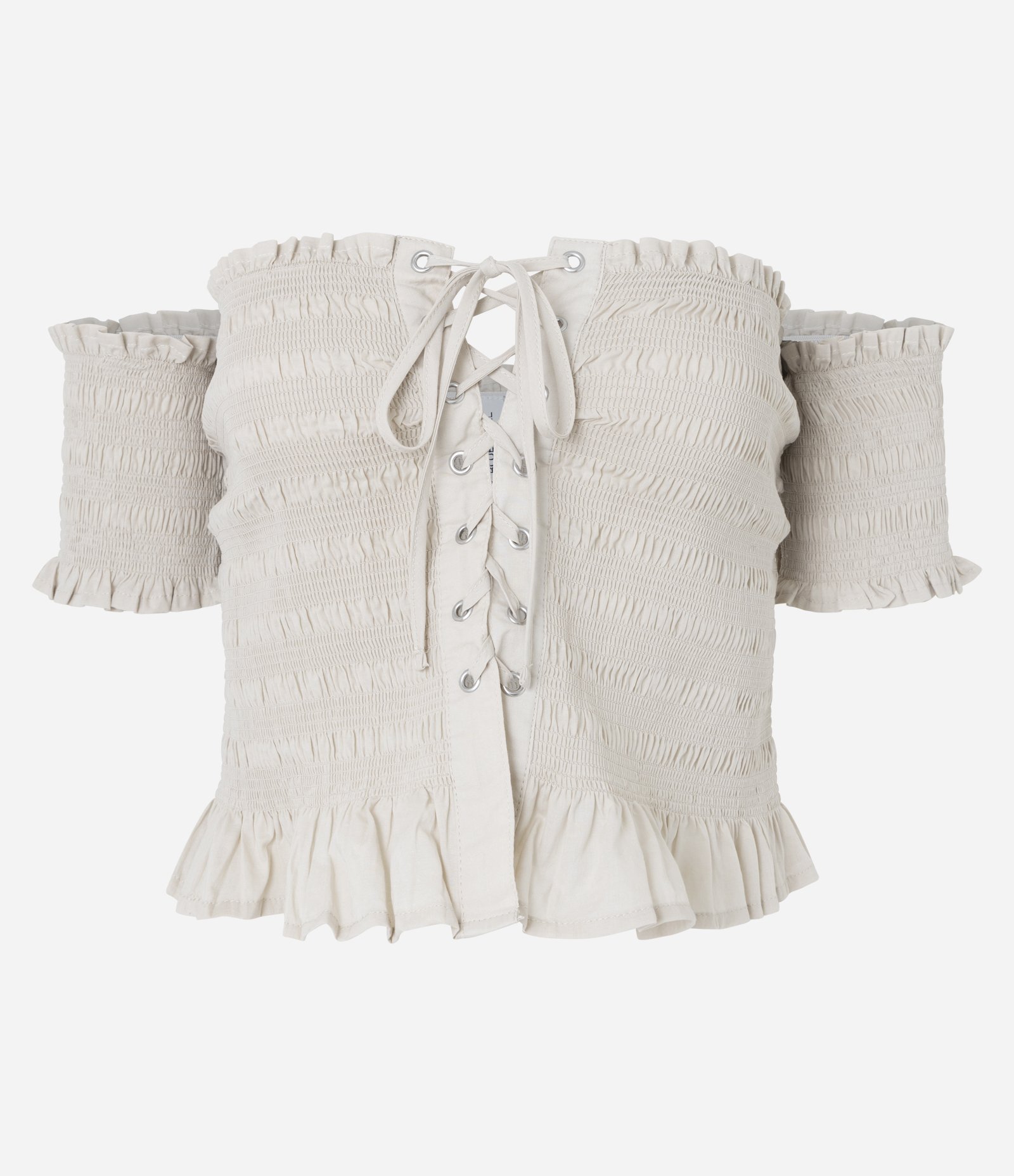 Blusa com Amarração Frontal e Meia Manga Texturizada Bege 5