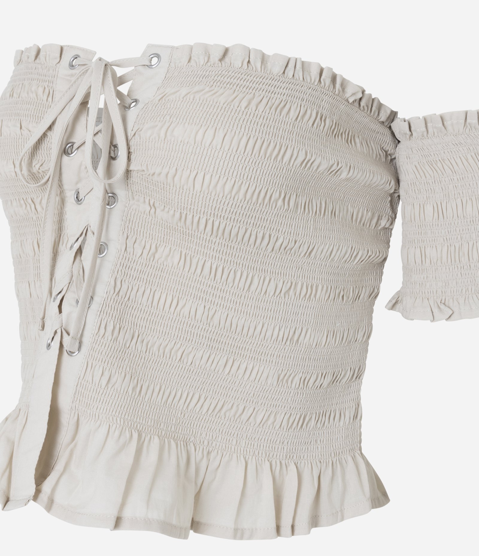 Blusa com Amarração Frontal e Meia Manga Texturizada Bege 6