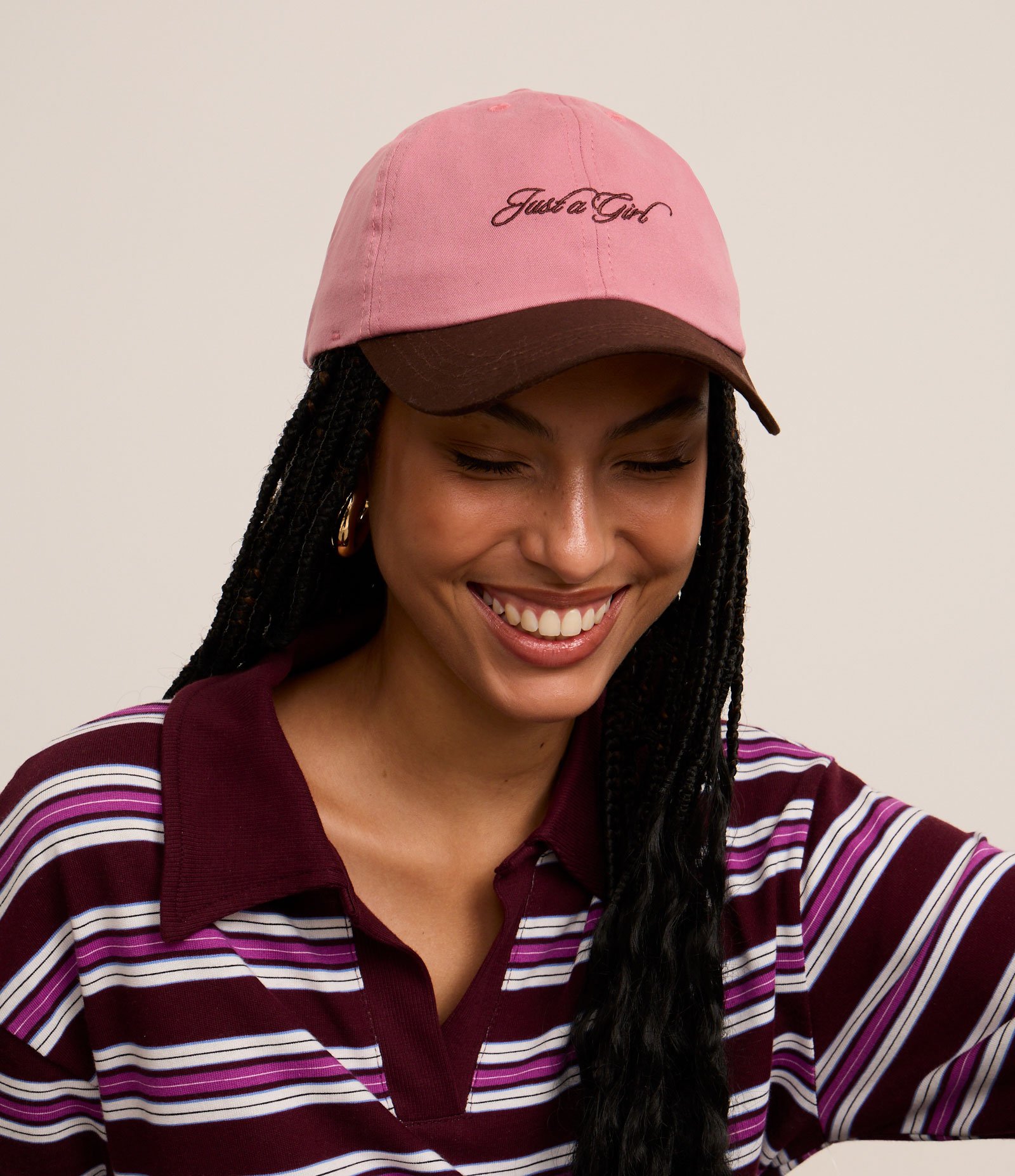 Boné em Sarja com Aba Contrastante e Bordado Just a Girl Rosa/Marrom 1