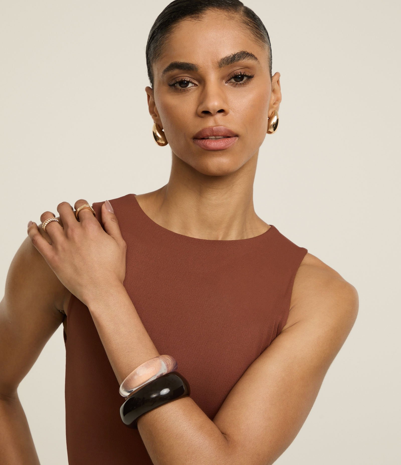 Vestido Midi em Poliamida com Laço Robusto e Franzidos Marrom 4