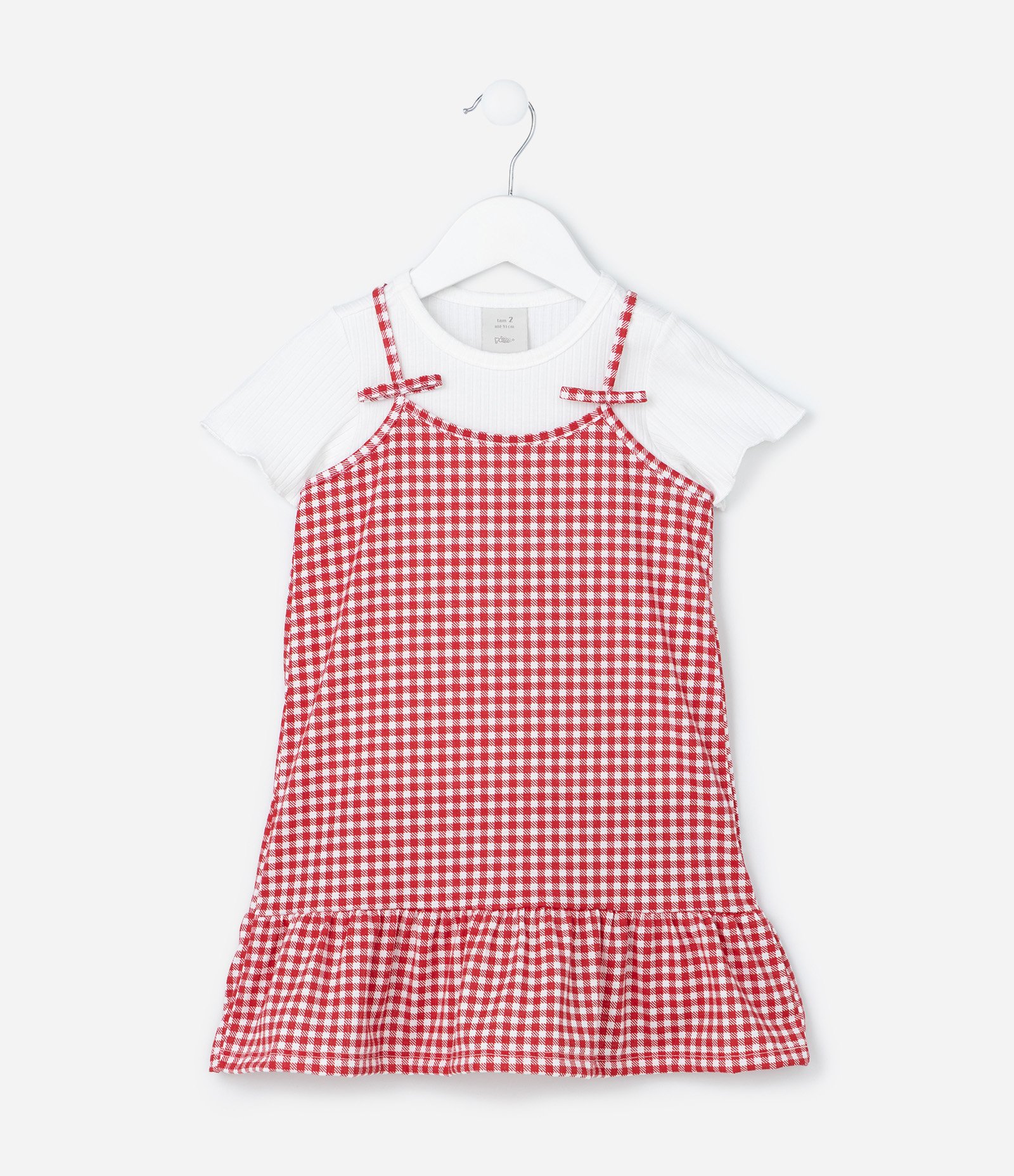 Vestido Infantil com Sobreposição e Estampa Xadrez - Tam 1 a 6 Anos Vermelho/Branco 1