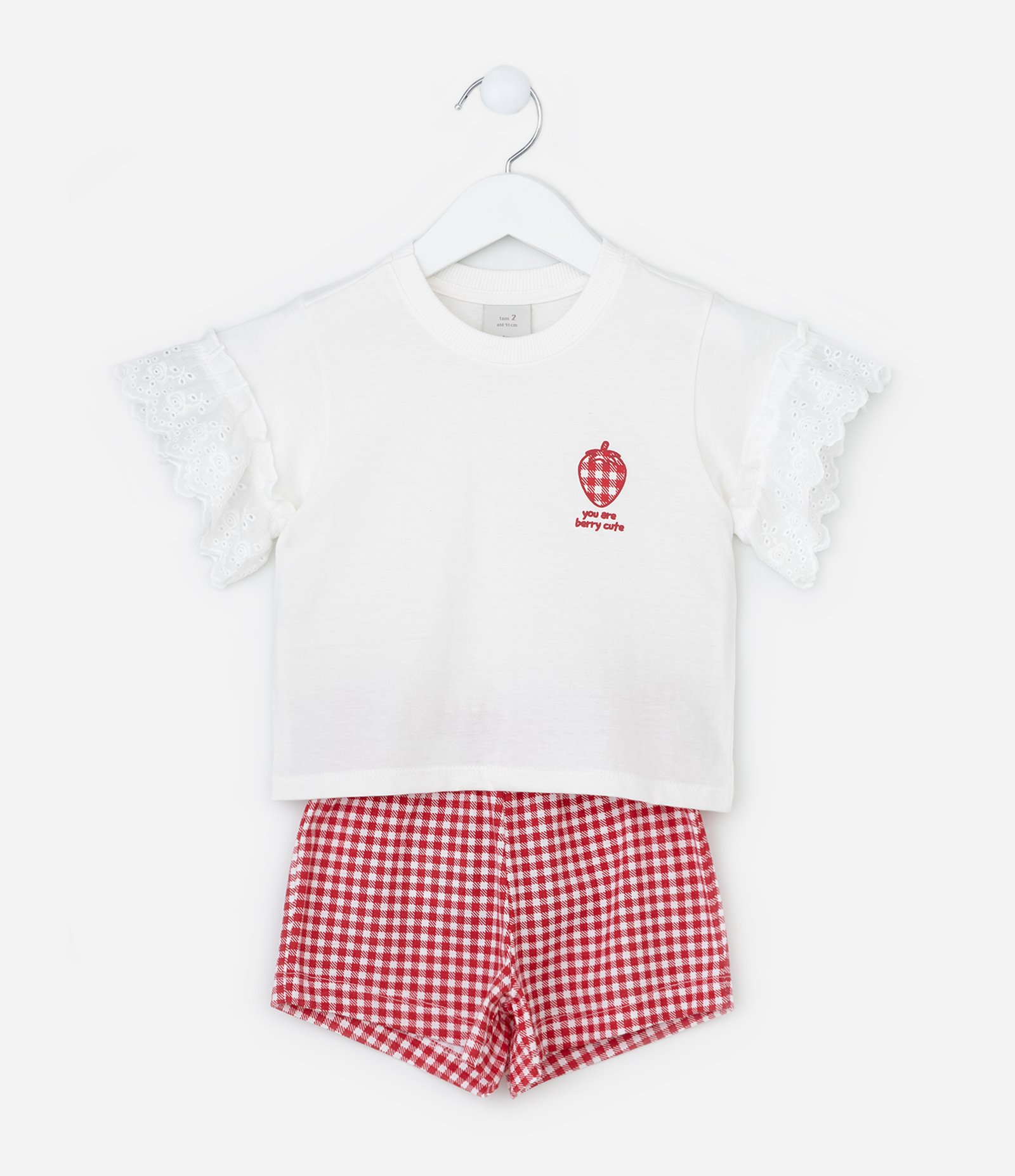 Conjunto Infantil com Babado e Estampa Xadrez - Tam 1 a 6 Anos Branco/Vermelho 2