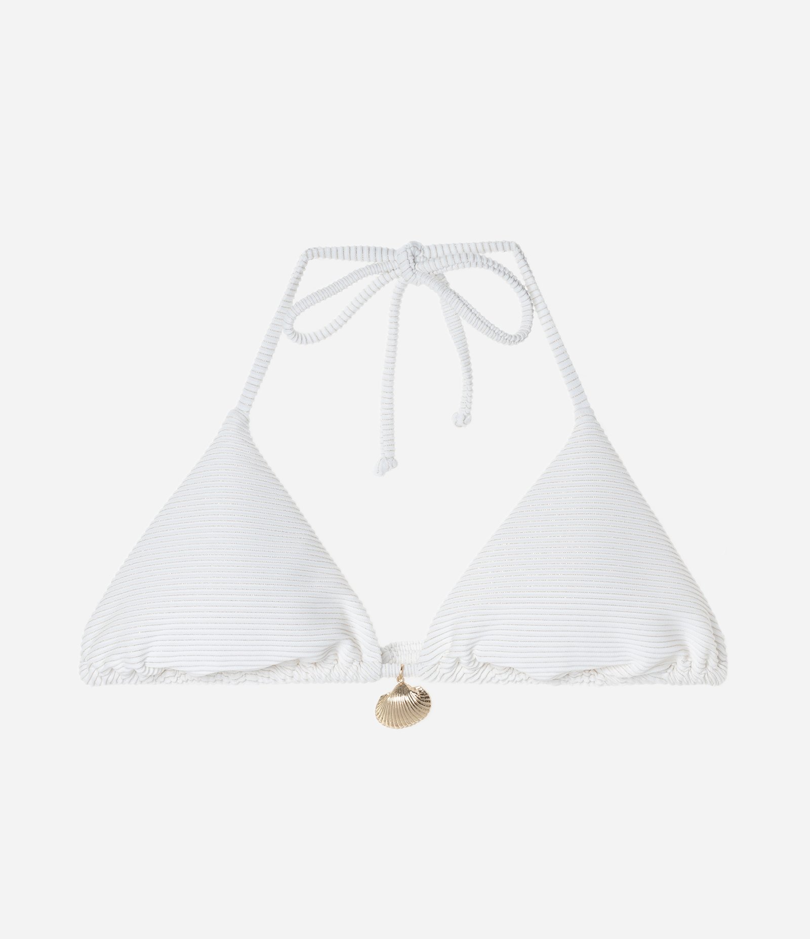 Biquíni Top Cortininha em Microfibra Canelada com Fio Metalizado e Pingente de Concha Branco 5