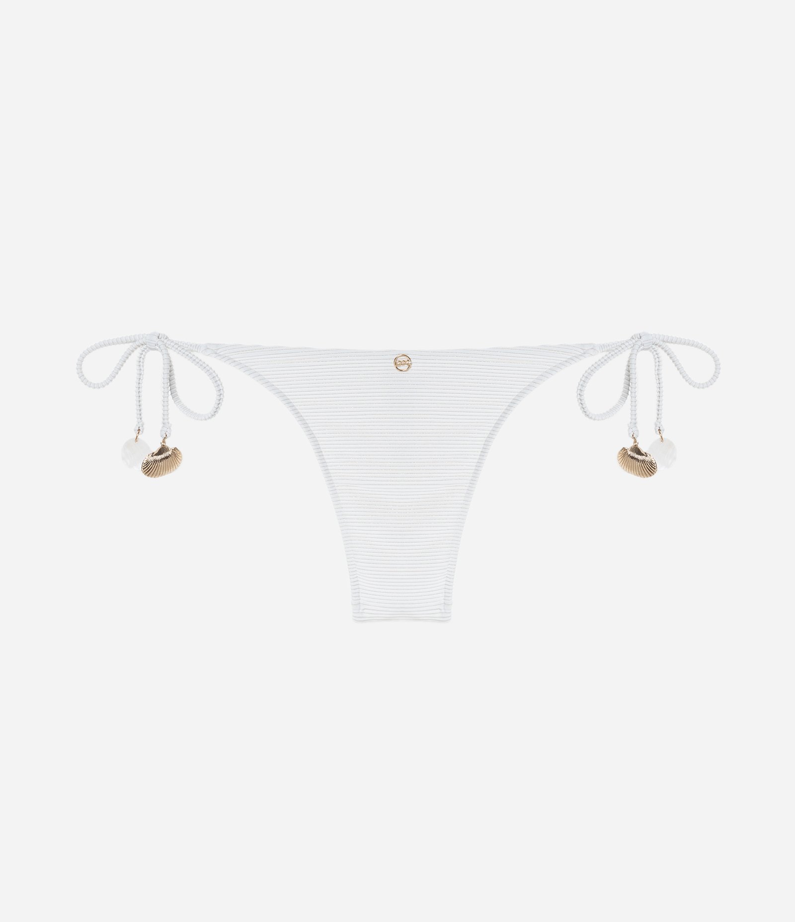 Biquíni Calcinha Lacinho em Microfibra Canelada com Fio Metalizado e Aviamento de Conchinhas Branco 6